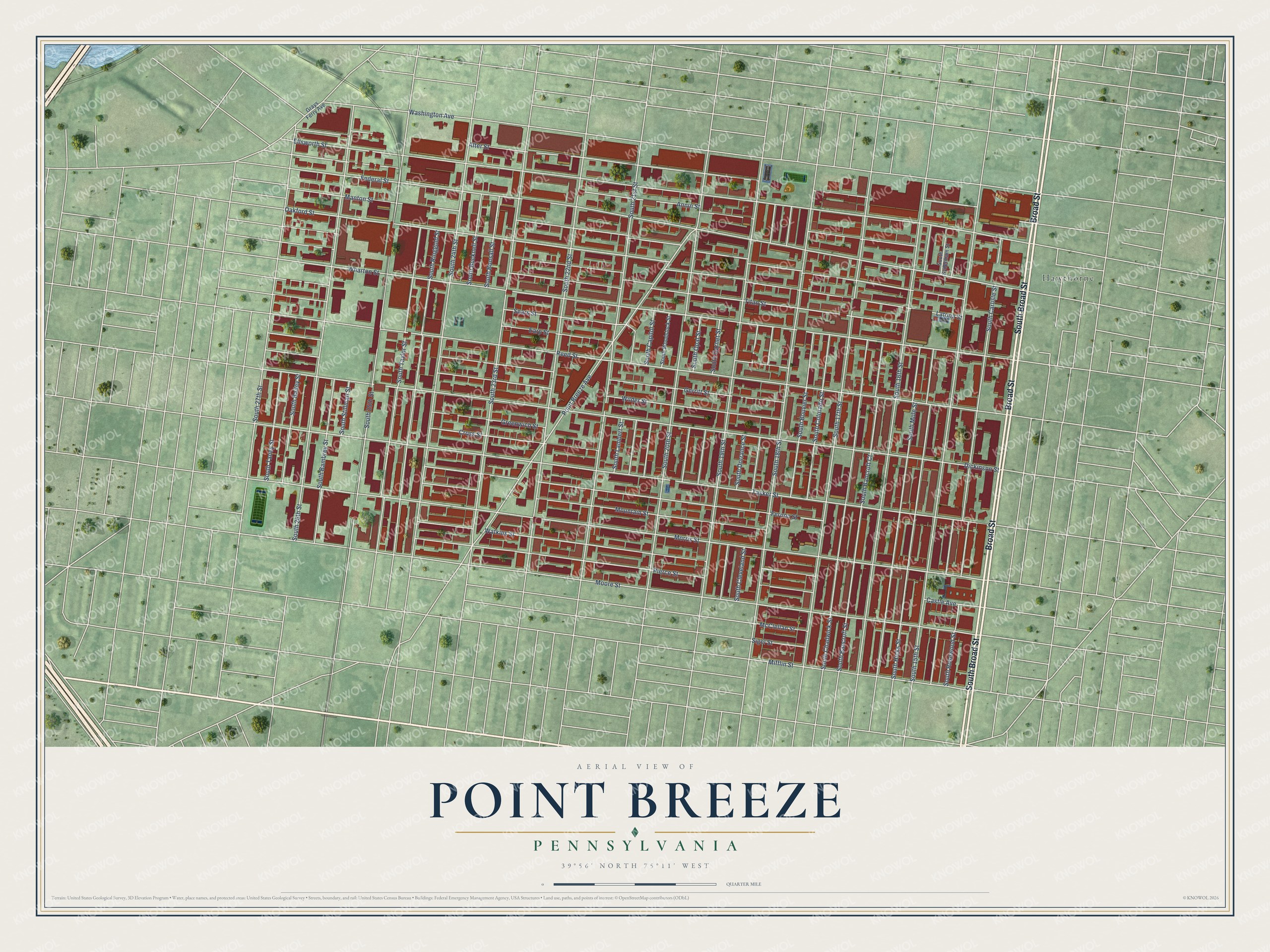 Full map of Point Breeze, Pennsylvania, with red buildings, printed street names and the land around them