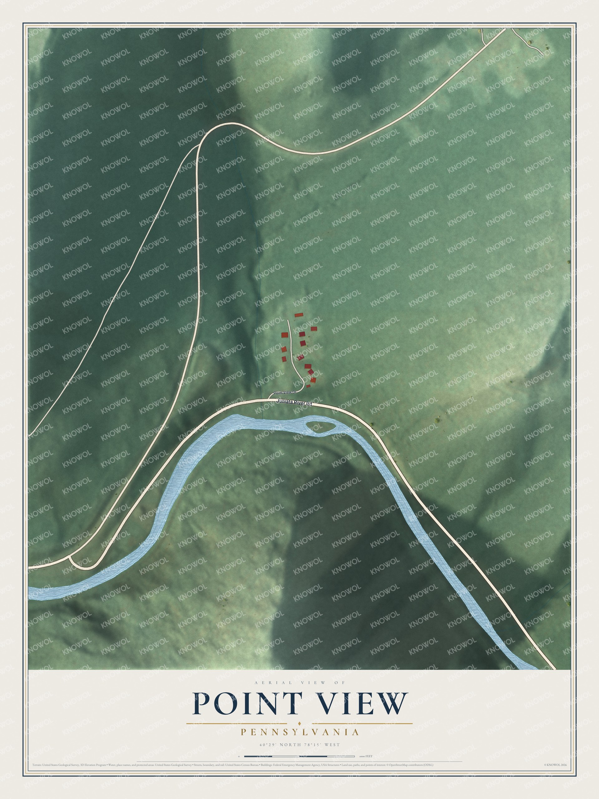 Full map of Point View, Pennsylvania, with red buildings, printed street names and the land around them