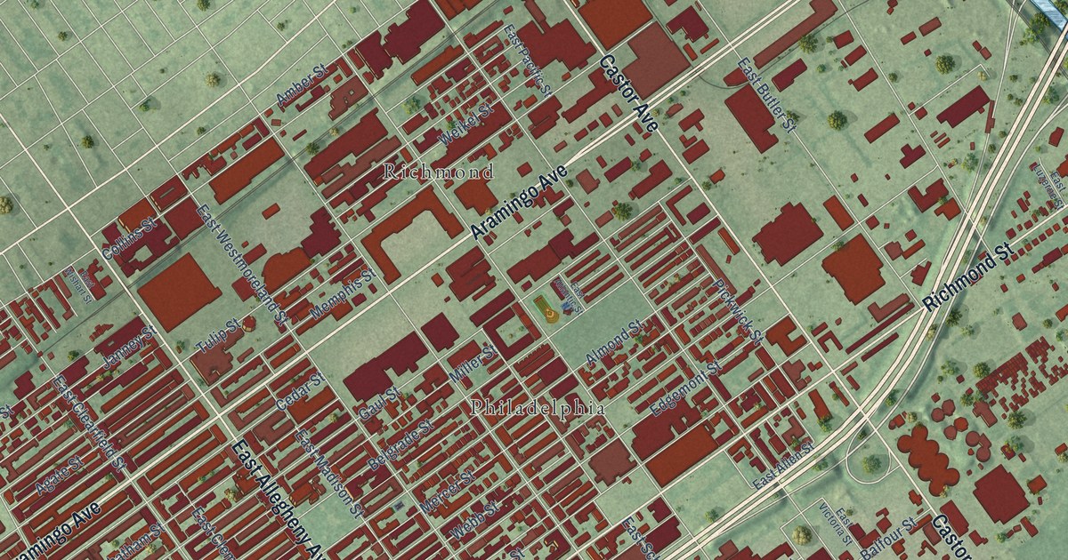 Close-up of streets and buildings in Port Richmond, Pennsylvania