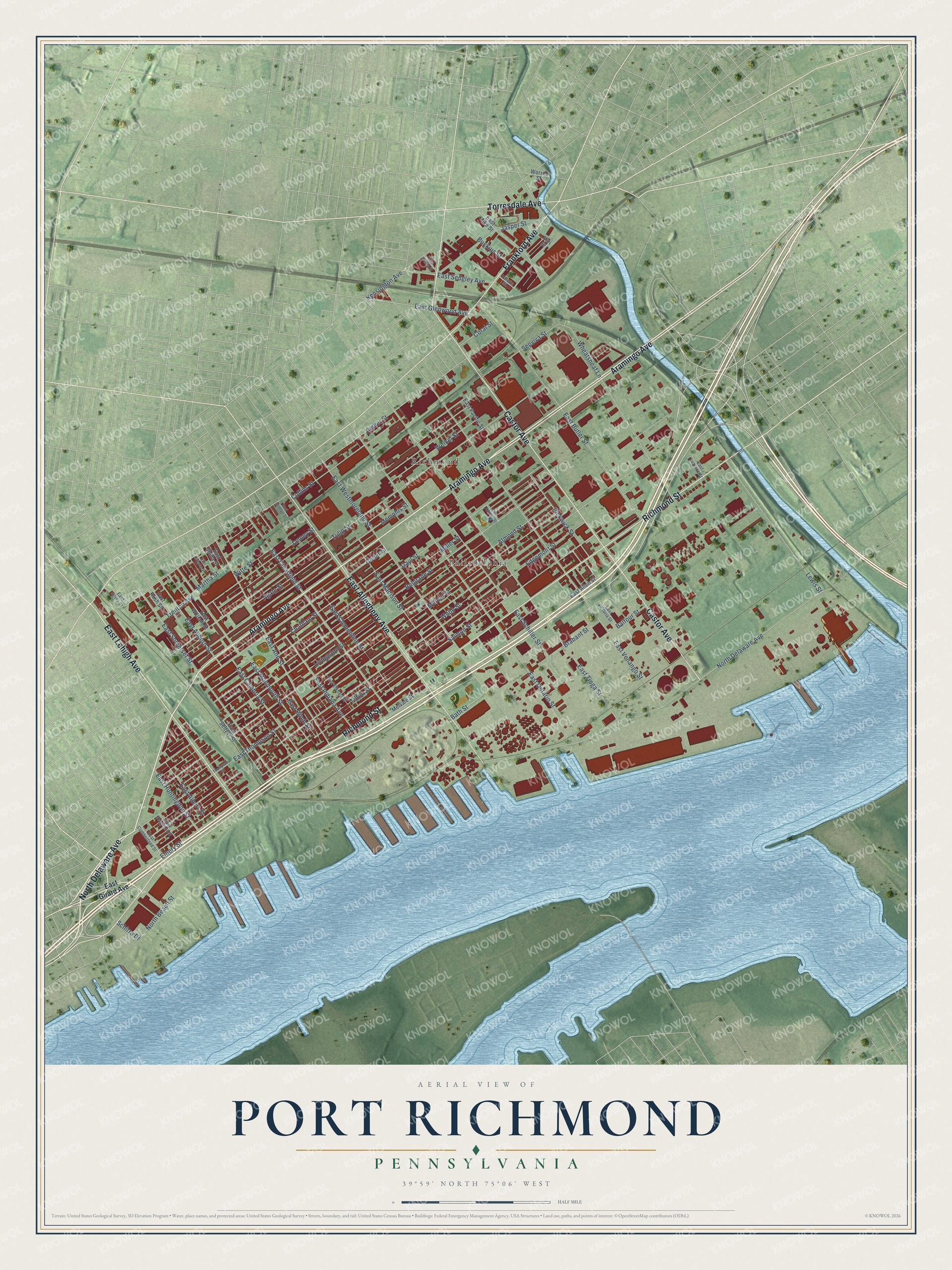 Full map of Port Richmond, Pennsylvania, with red buildings, printed street names and the land around them