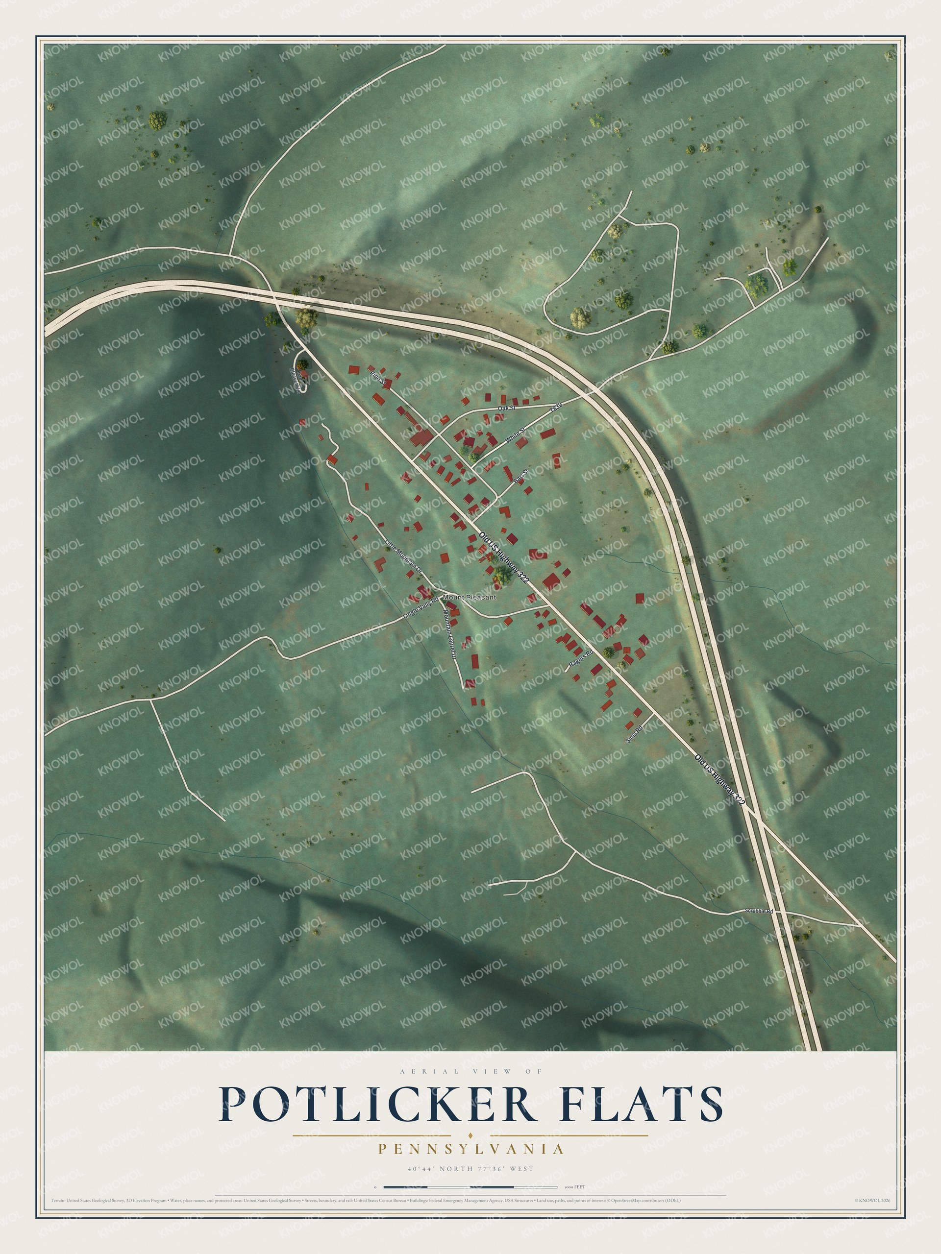 Full map of Potlicker Flats, Pennsylvania, with red buildings, printed street names and the land around them