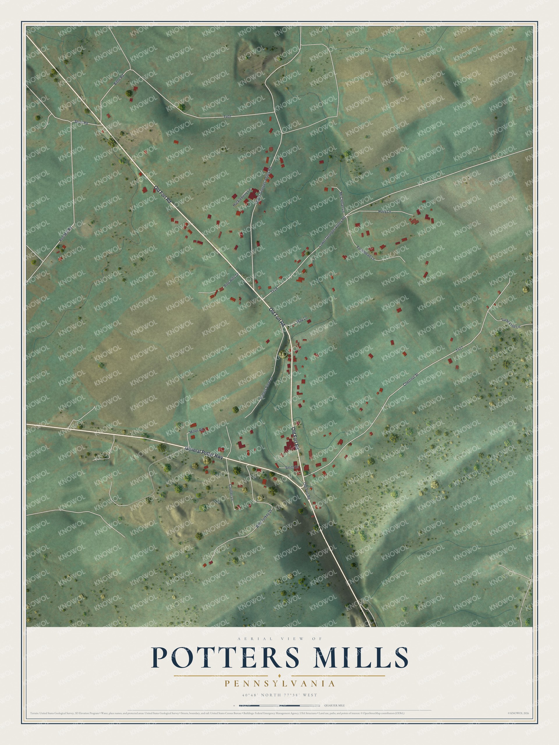 Full map of Potters Mills, Pennsylvania, with red buildings, printed street names and the land around them