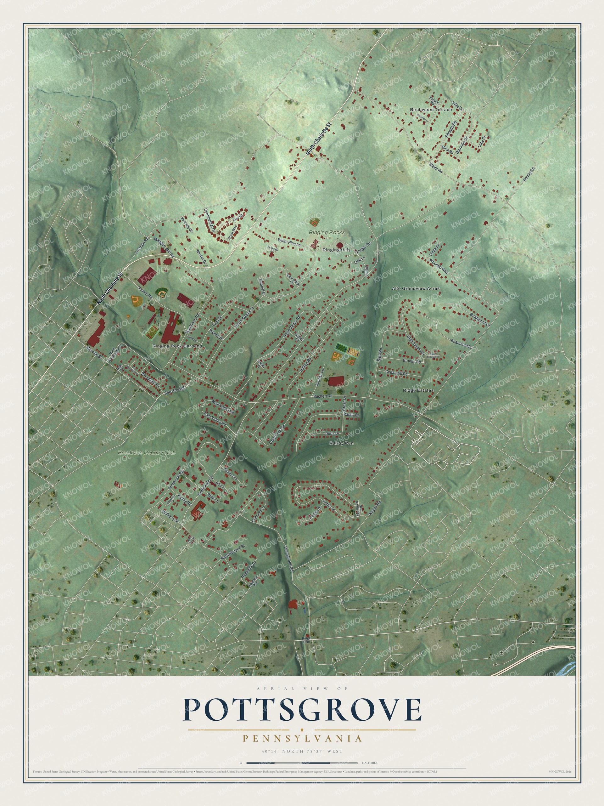 Full map of Pottsgrove, Pennsylvania, with red buildings, printed street names and the land around them