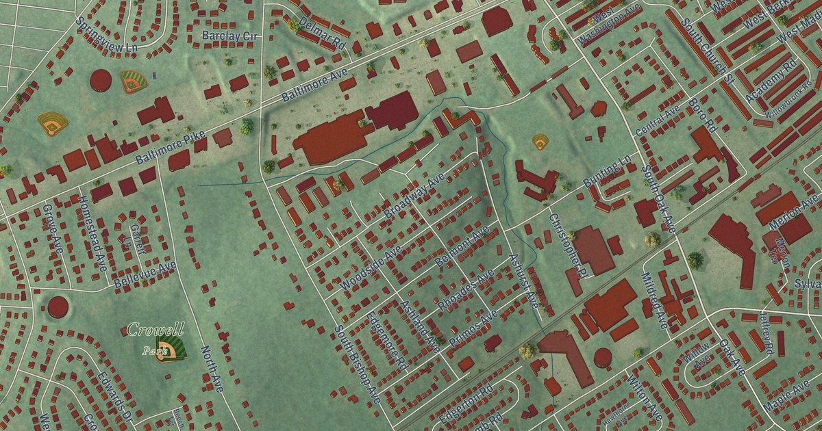 Close-up of streets and buildings in Primos, Pennsylvania