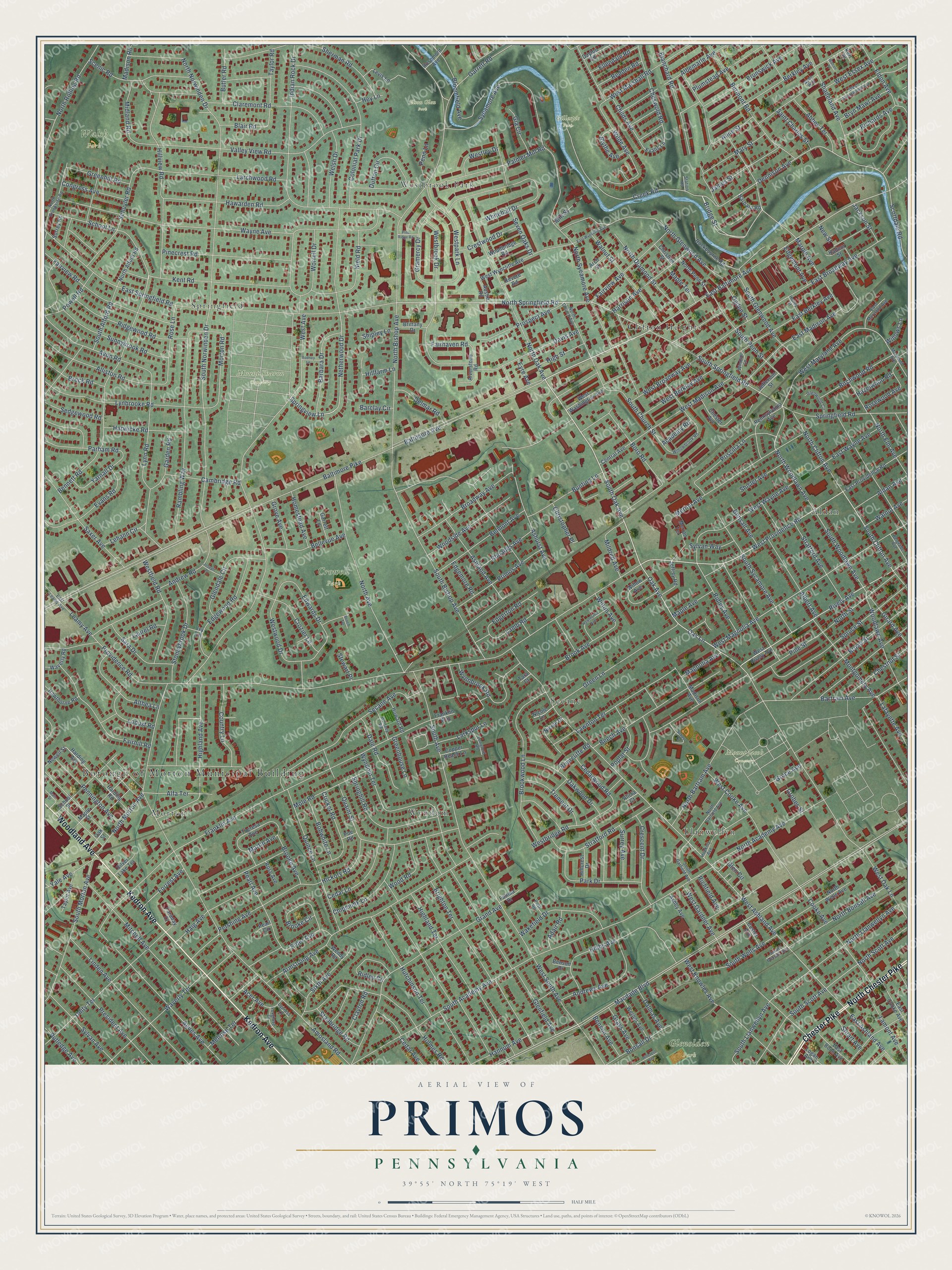 Full map of Primos, Pennsylvania, with red buildings, printed street names and the land around them