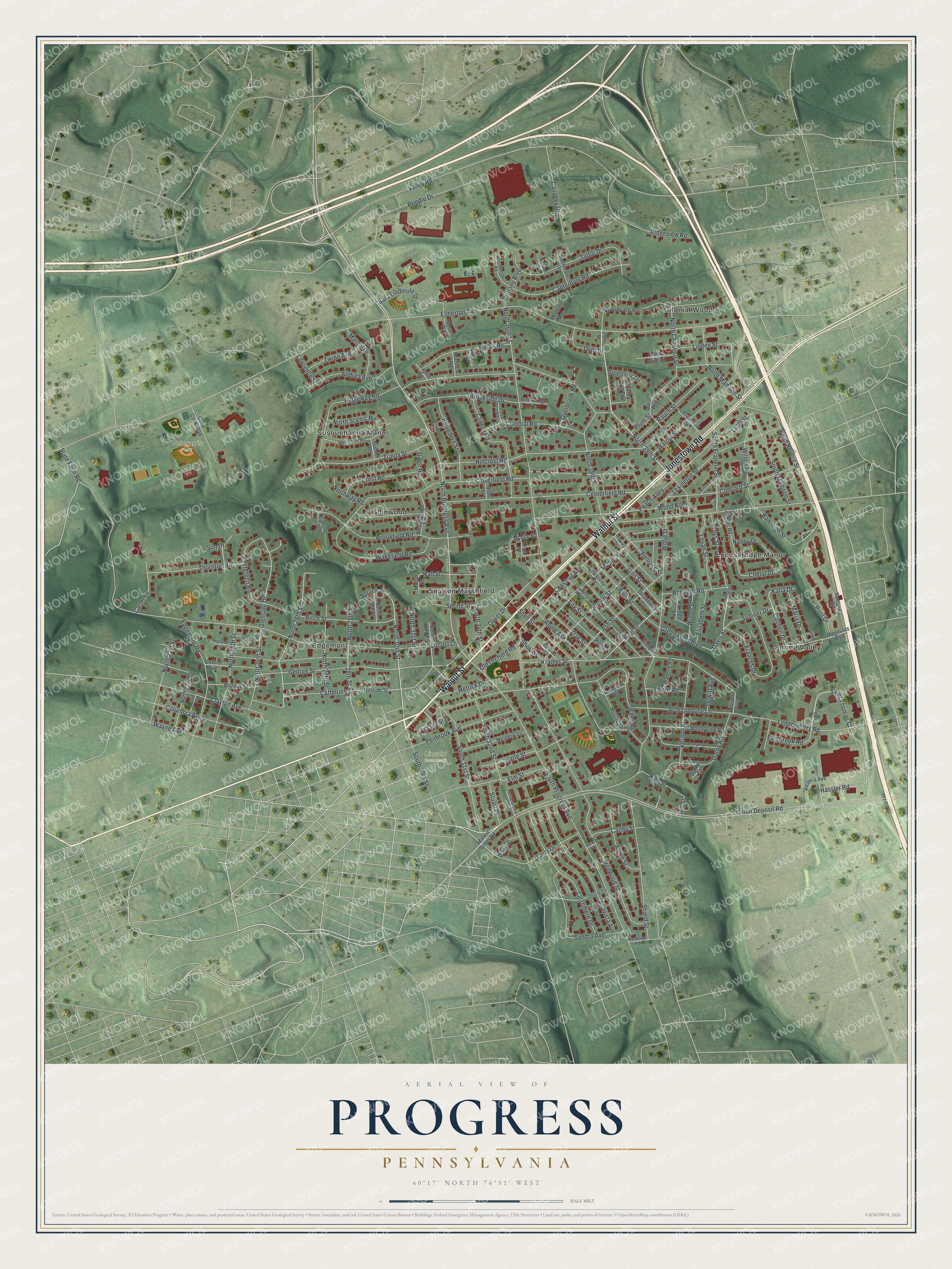 Full map of Progress, Pennsylvania, with red buildings, printed street names and the land around them