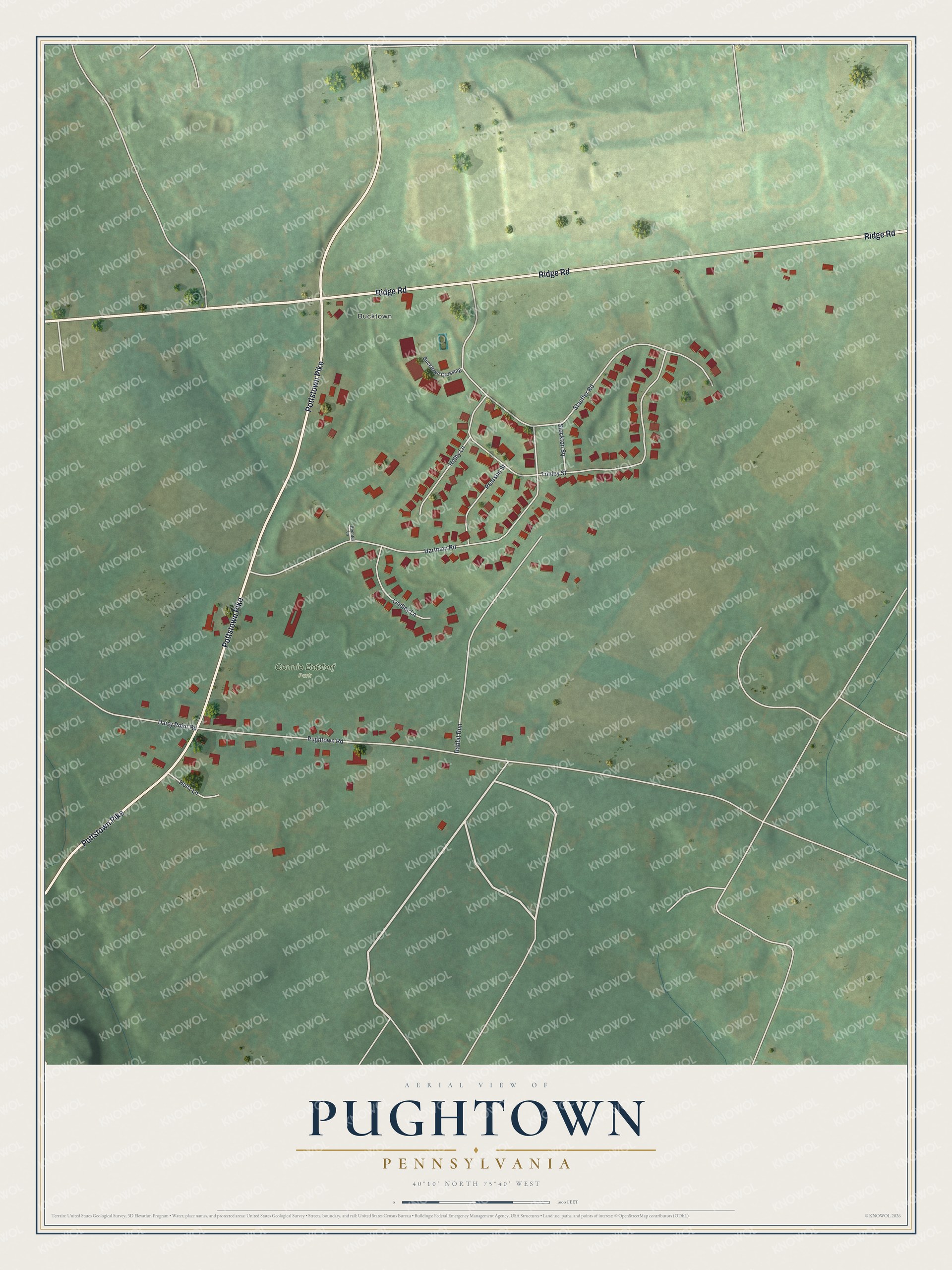 Full map of Pughtown, Pennsylvania, with red buildings, printed street names and the land around them