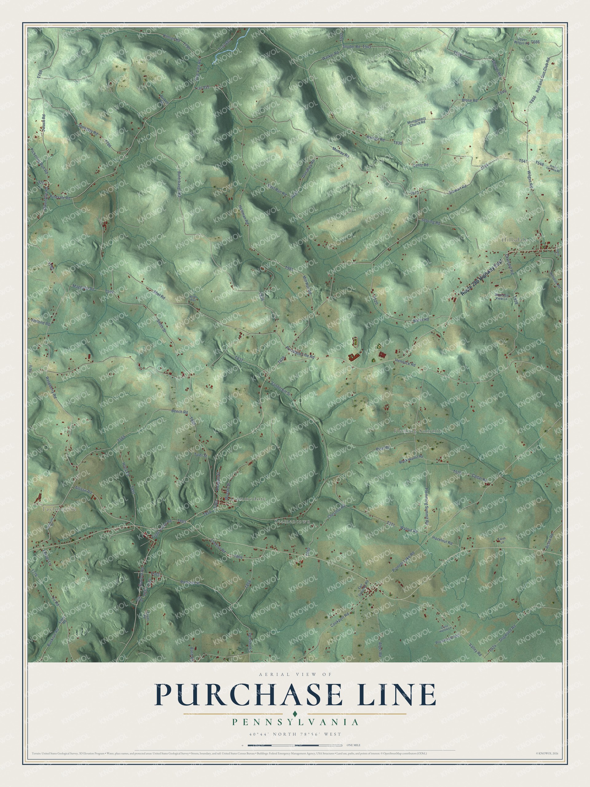 Full map of Purchase Line, Pennsylvania, with red buildings, printed street names and the land around them