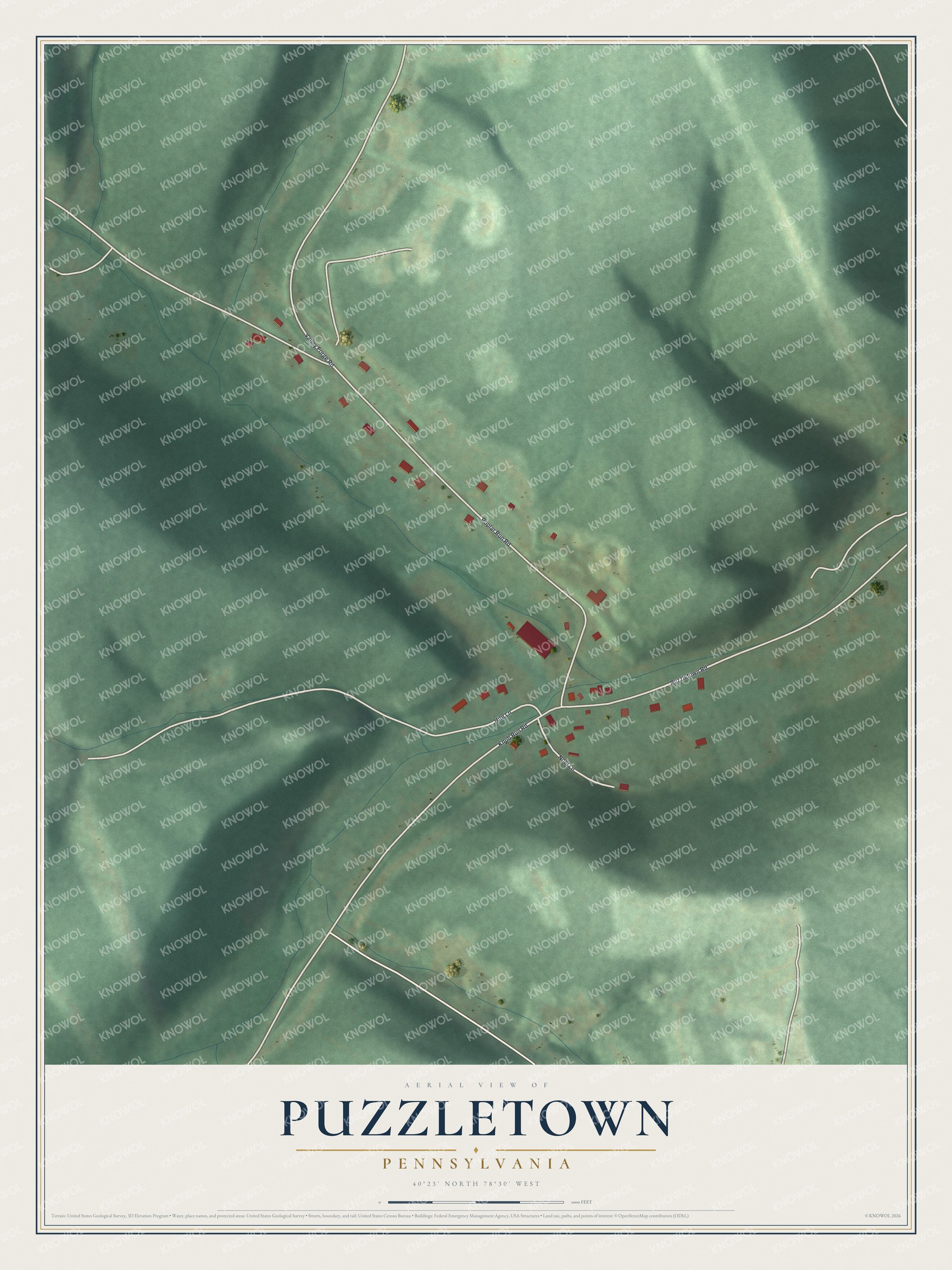 Full map of Puzzletown, Pennsylvania, with red buildings, printed street names and the land around them