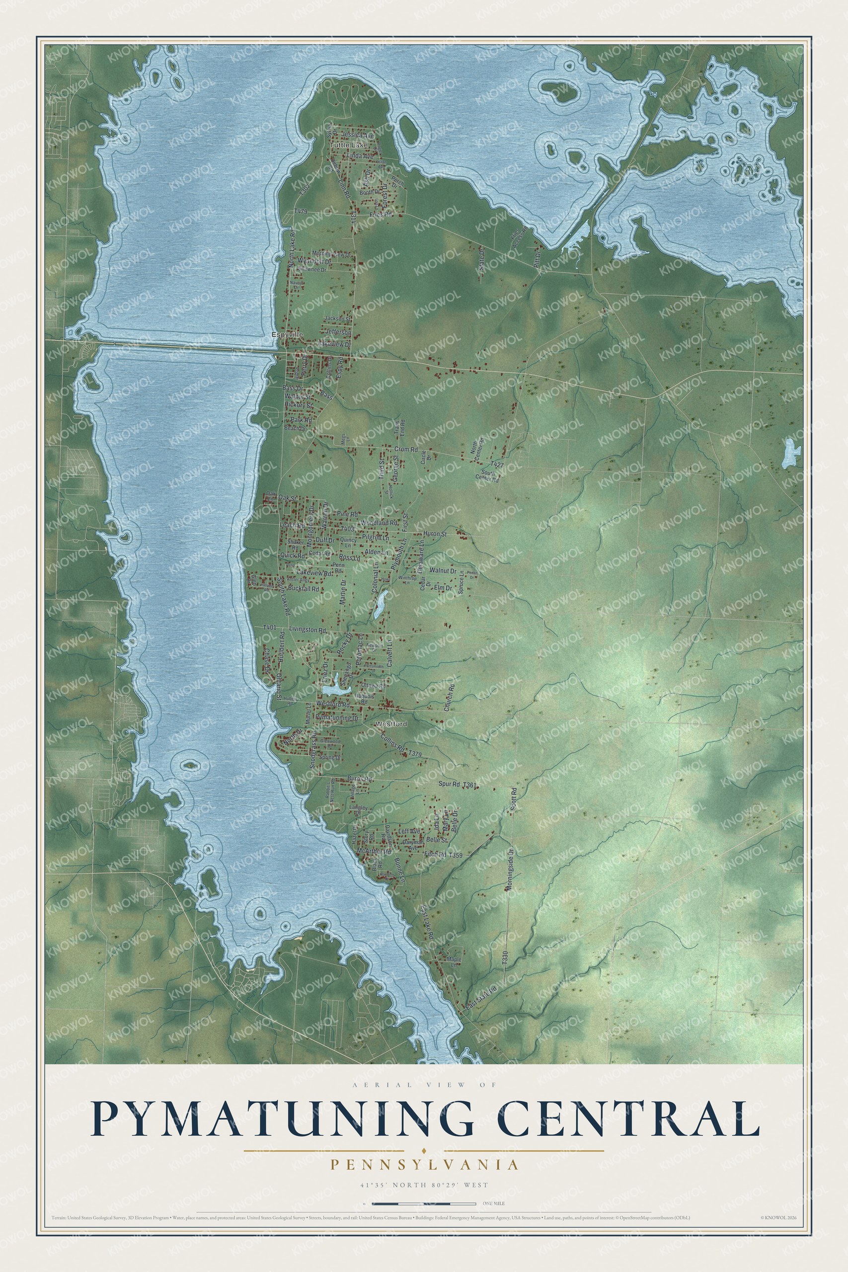 Full map of Pymatuning Central, Pennsylvania, with red buildings, printed street names and the land around them