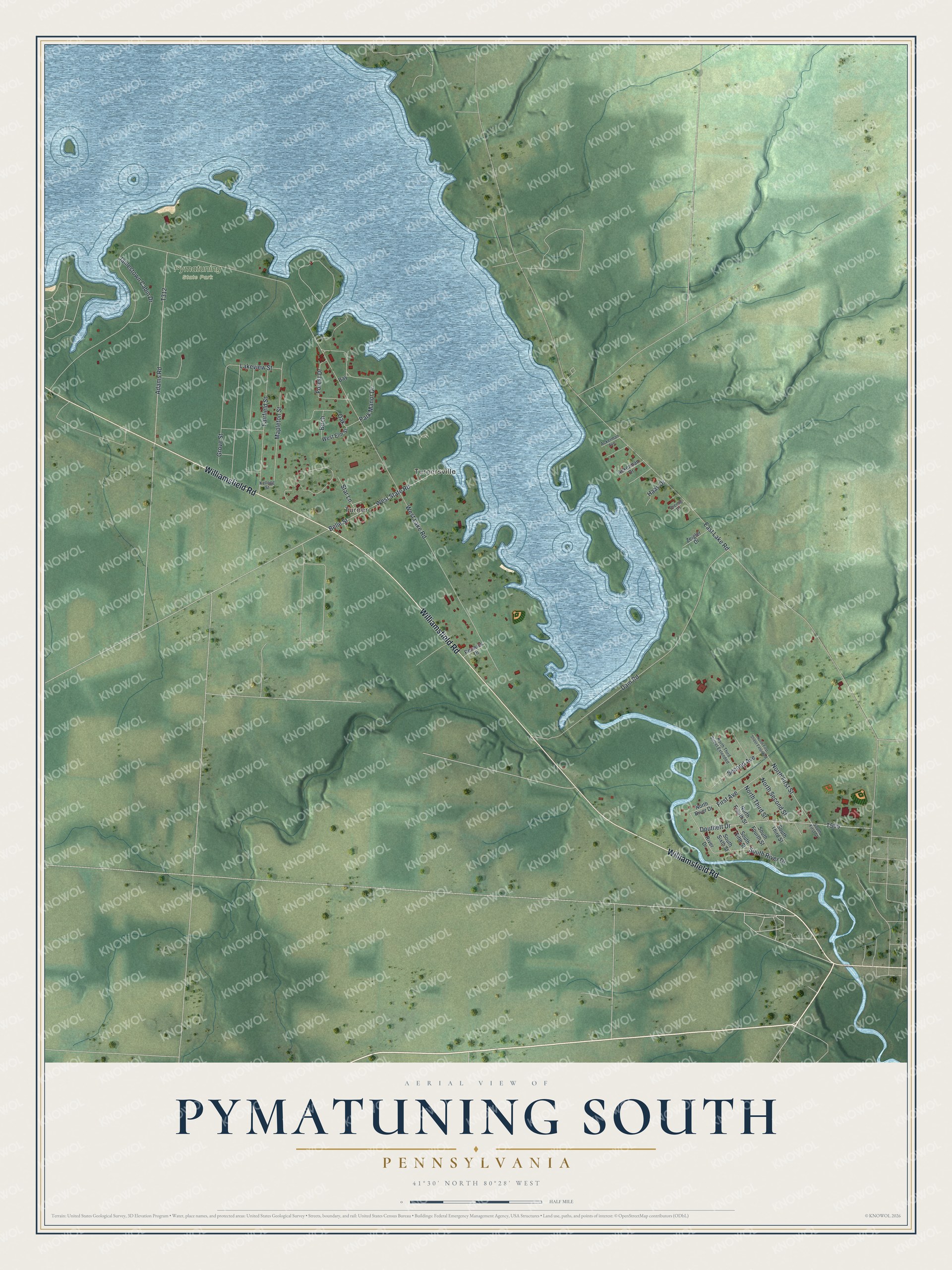 Full map of Pymatuning South, Pennsylvania, with red buildings, printed street names and the land around them