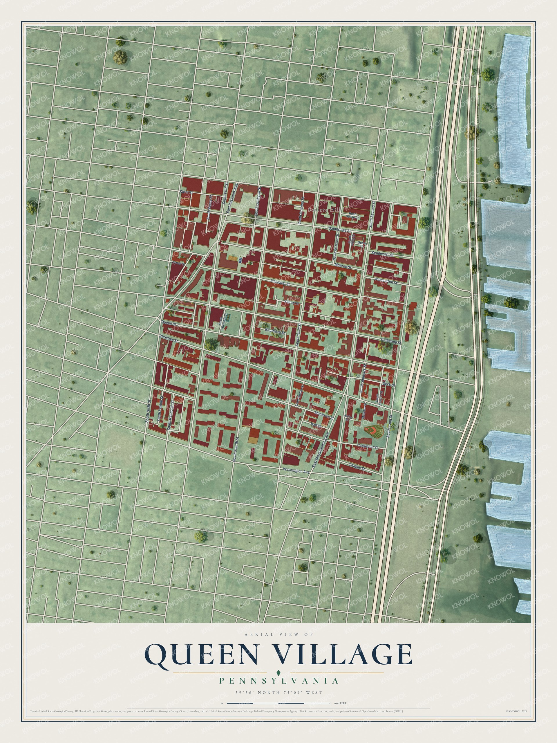 Full map of Queen Village, Pennsylvania, with red buildings, printed street names and the land around them