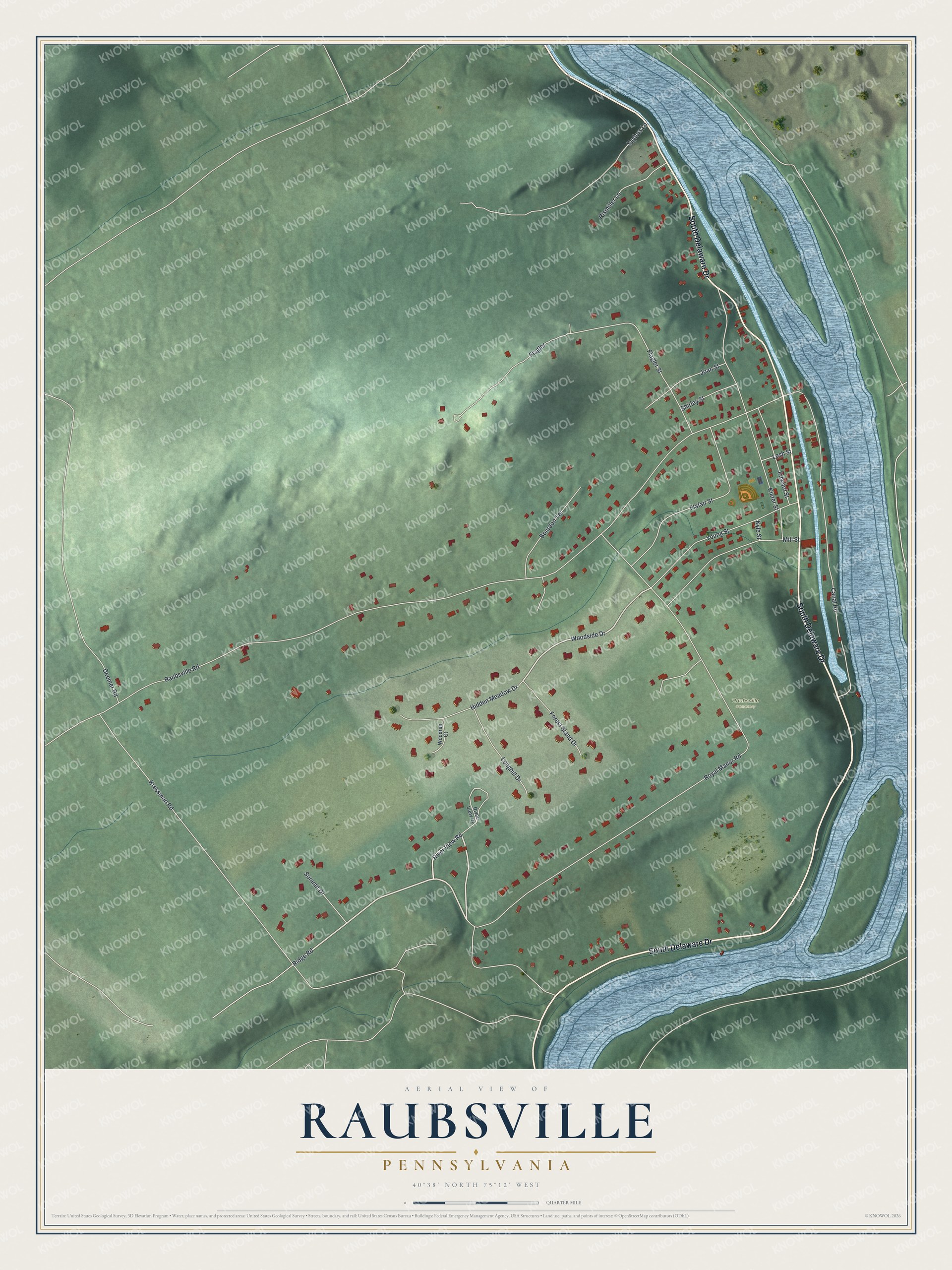 Full map of Raubsville, Pennsylvania, with red buildings, printed street names and the land around them