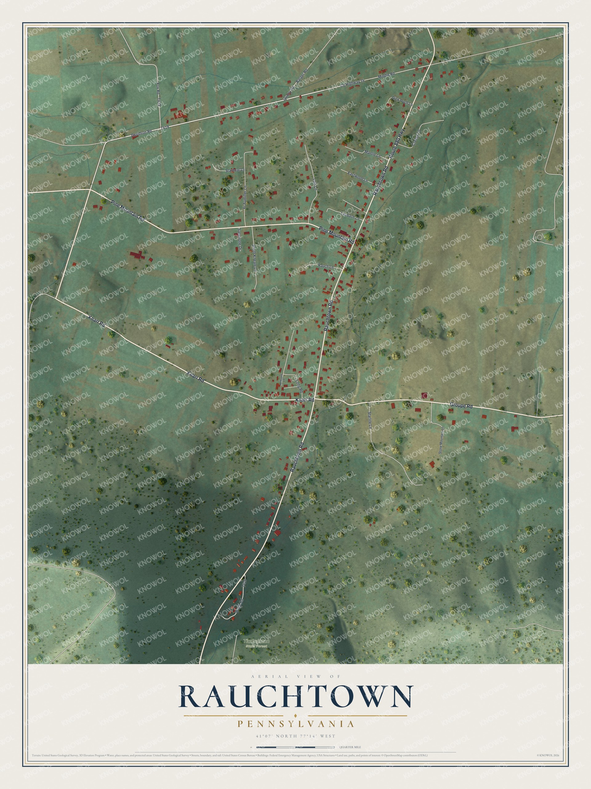 Full map of Rauchtown, Pennsylvania, with red buildings, printed street names and the land around them