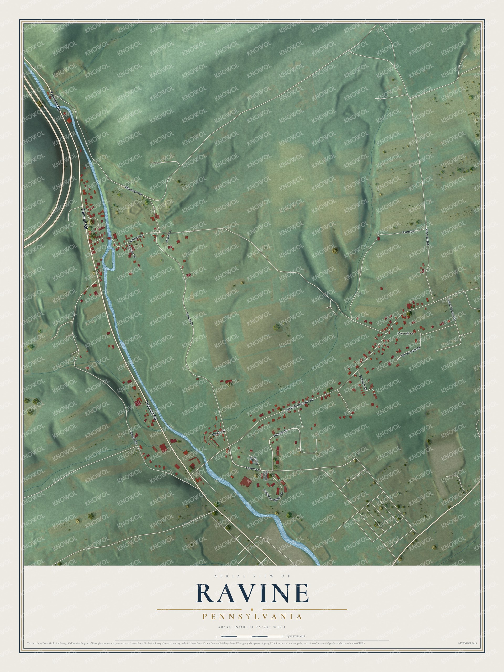 Full map of Ravine, Pennsylvania, with red buildings, printed street names and the land around them