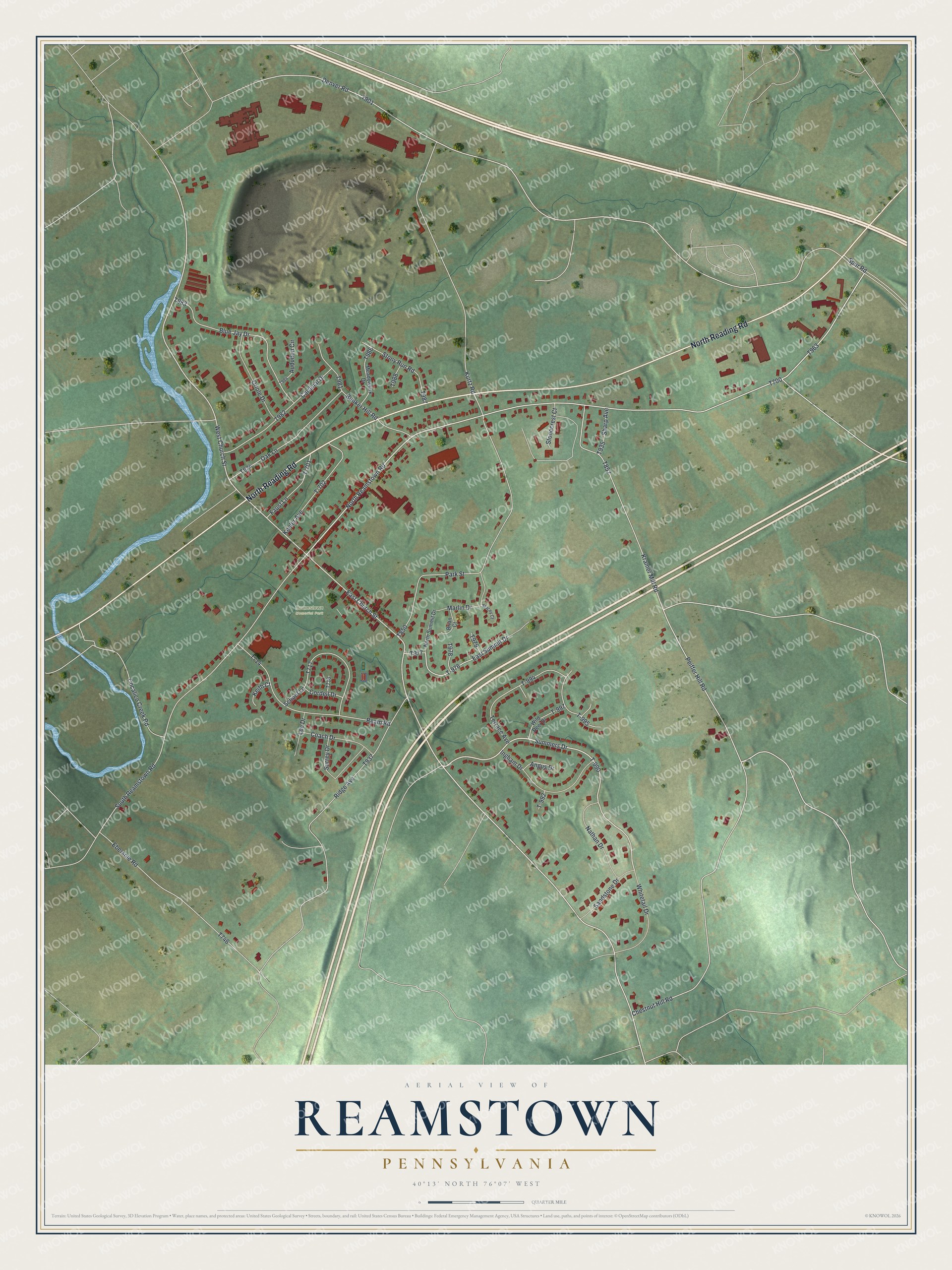 Full map of Reamstown, Pennsylvania, with red buildings, printed street names and the land around them