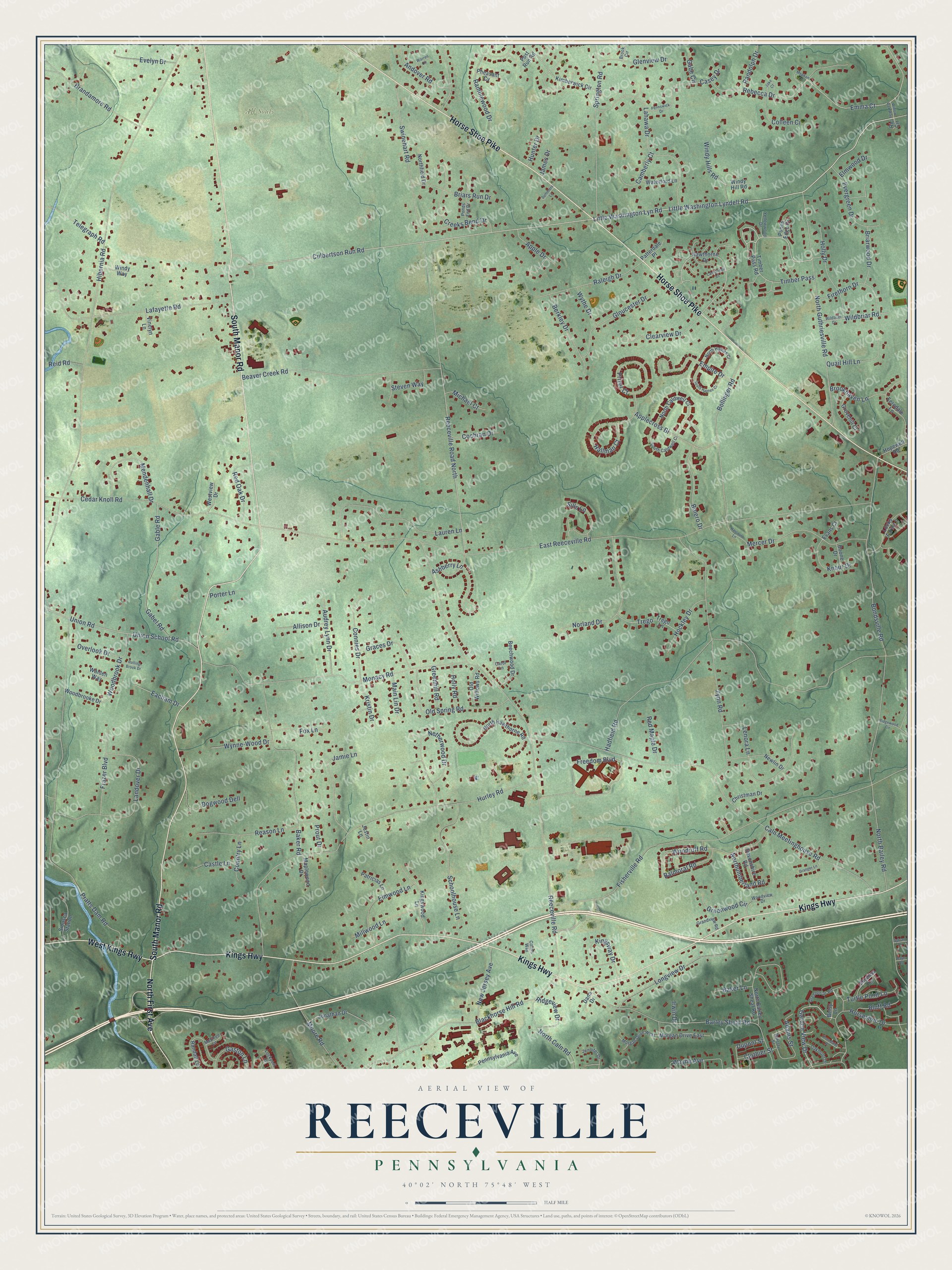 Full map of Reeceville, Pennsylvania, with red buildings, printed street names and the land around them