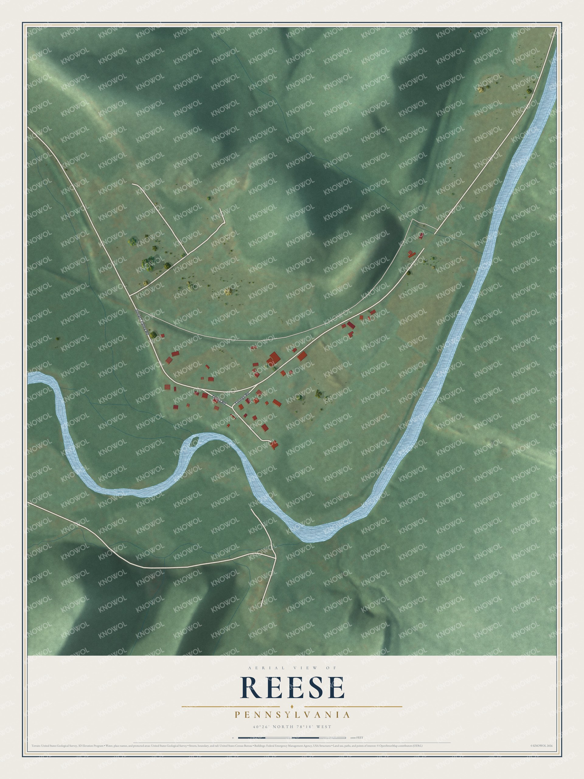 Full map of Reese, Pennsylvania, with red buildings, printed street names and the land around them