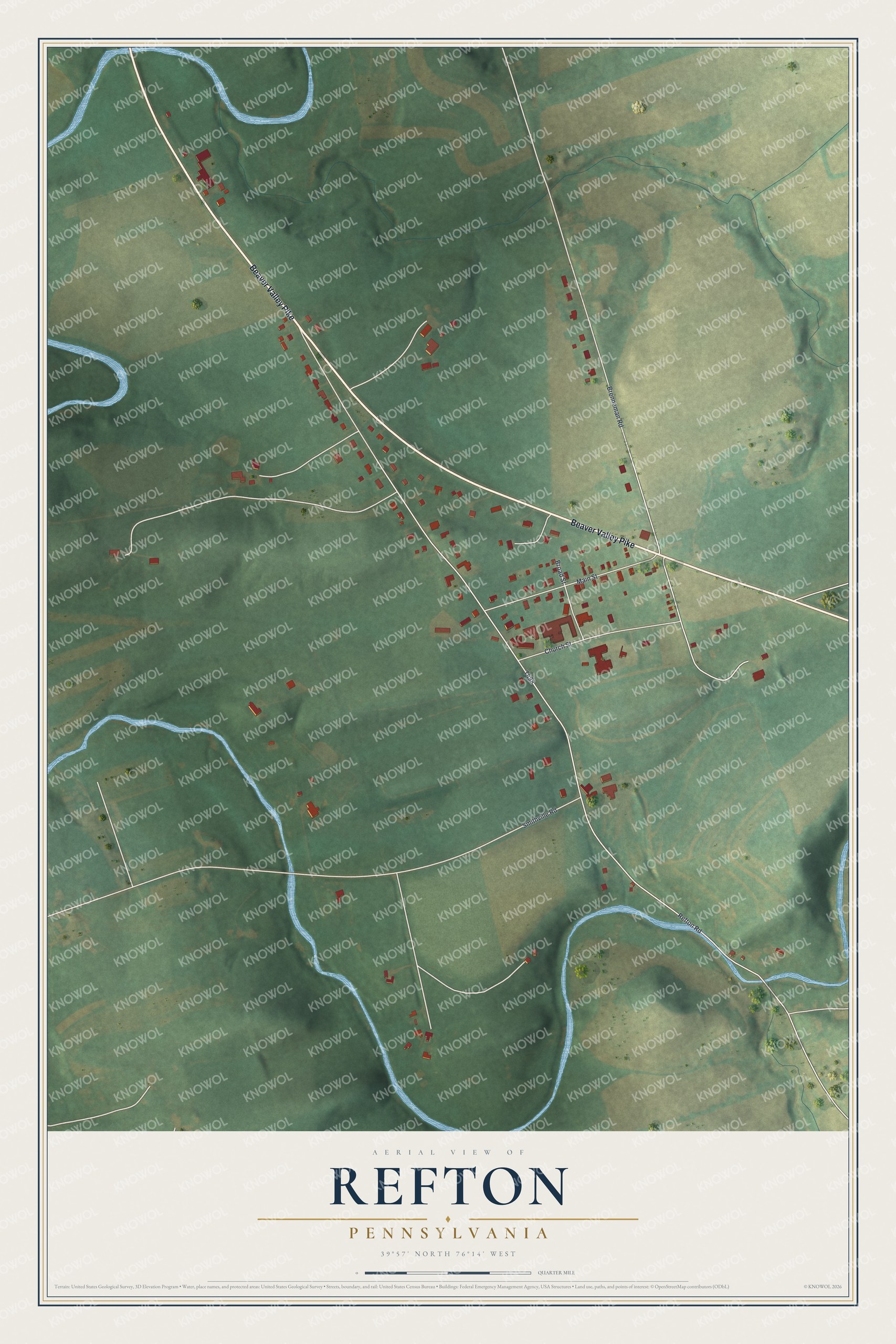 Full map of Refton, Pennsylvania, with red buildings, printed street names and the land around them