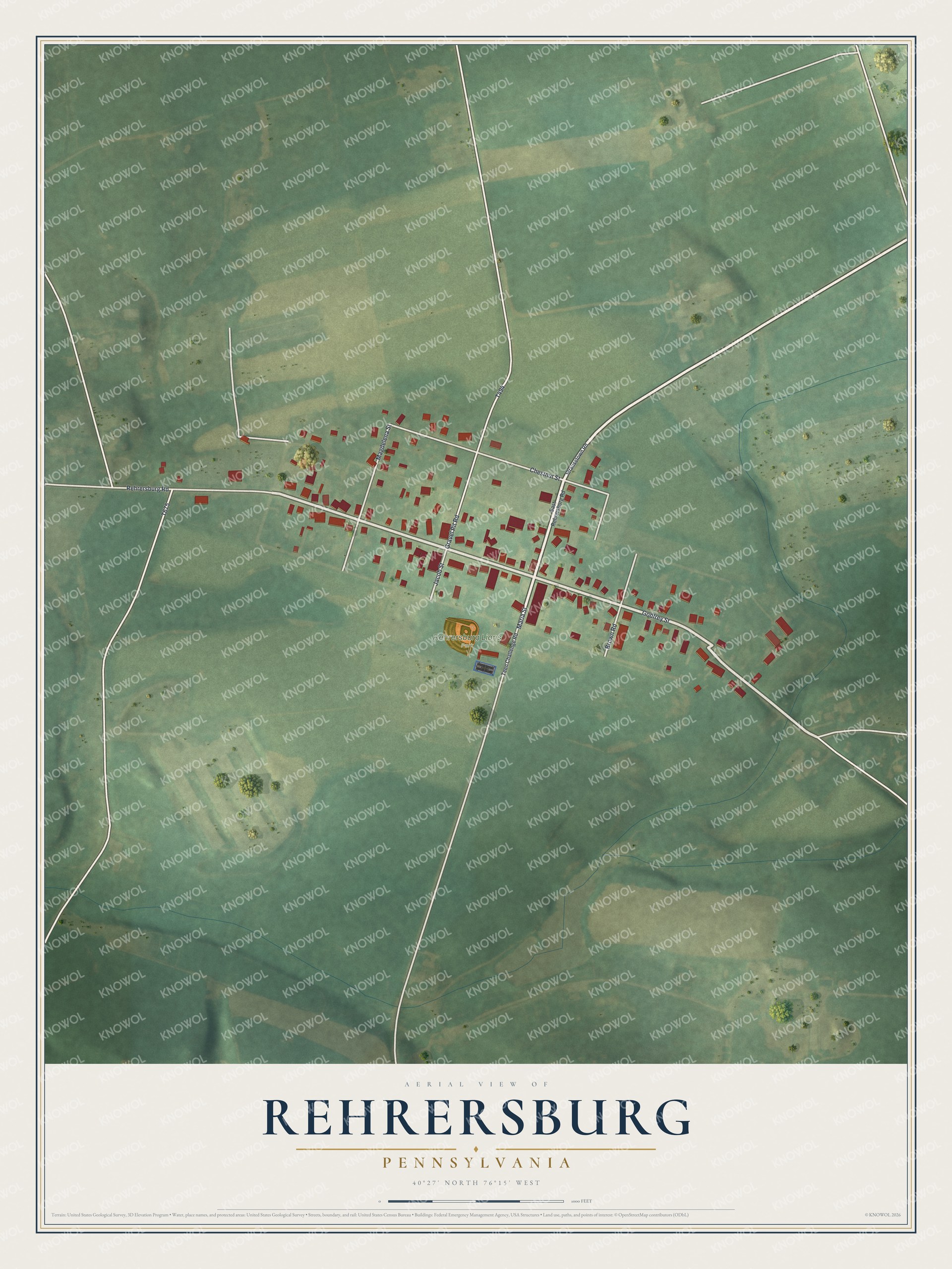 Full map of Rehrersburg, Pennsylvania, with red buildings, printed street names and the land around them
