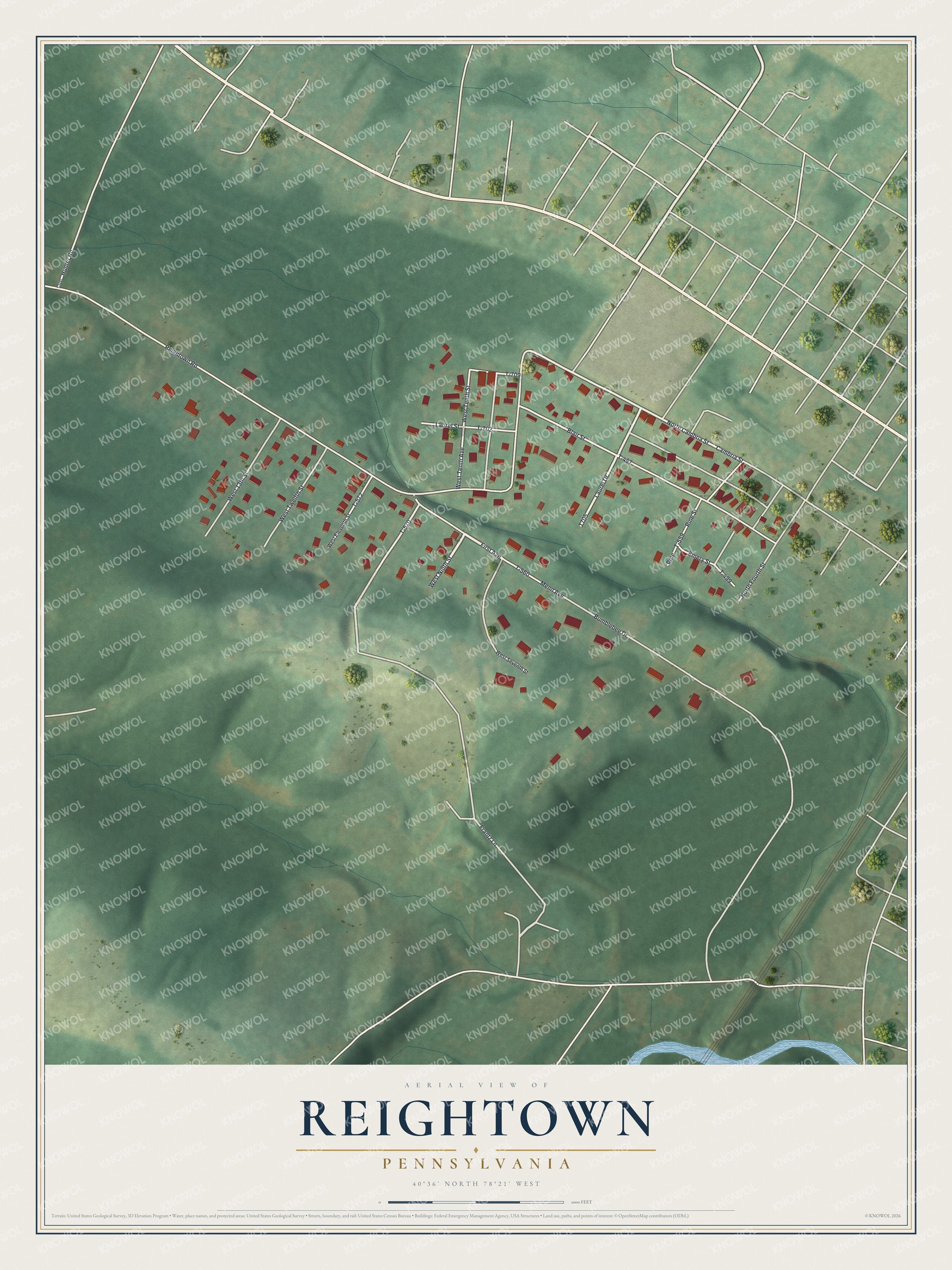 Full map of Reightown, Pennsylvania, with red buildings, printed street names and the land around them