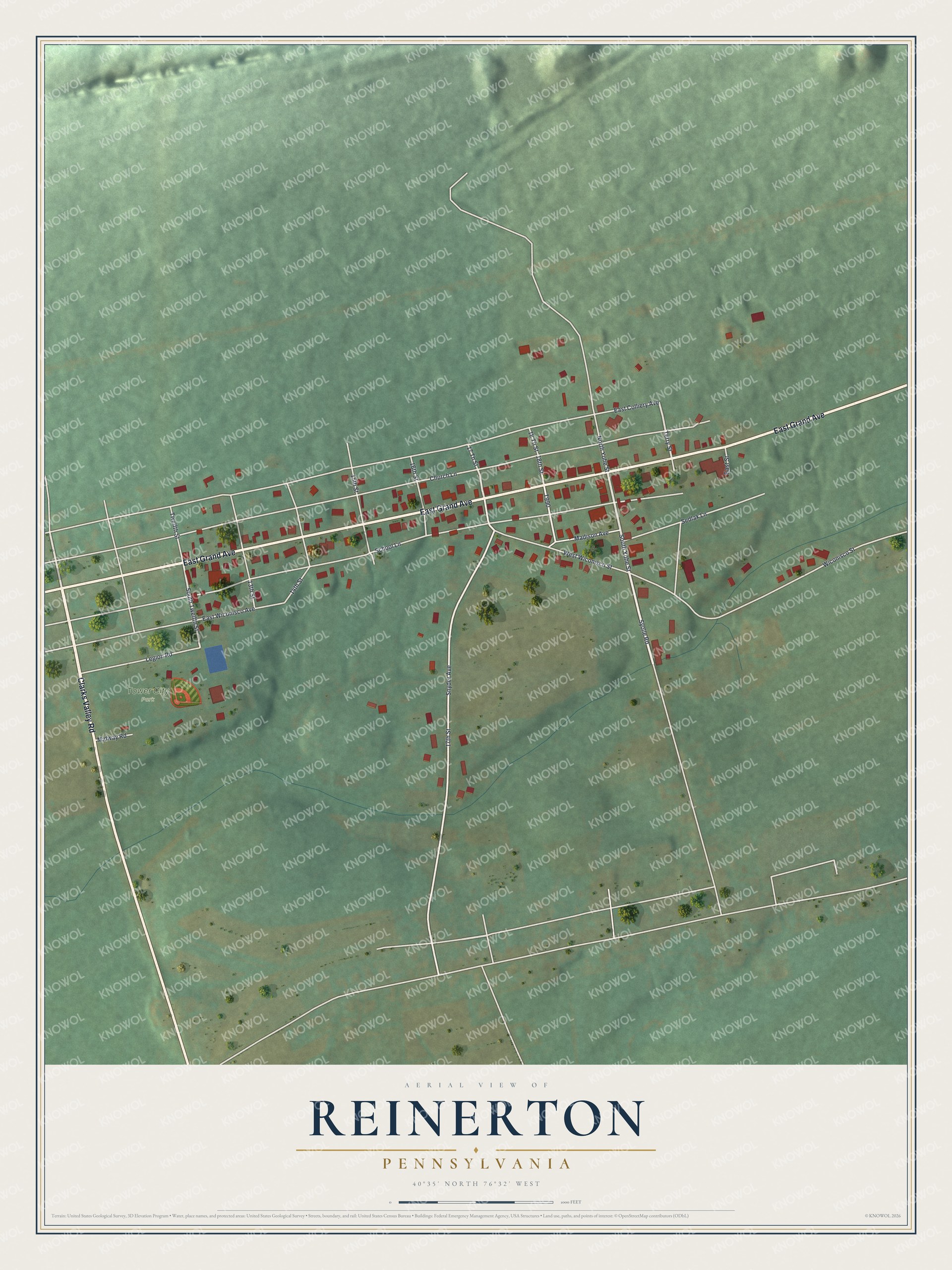 Full map of Reinerton, Pennsylvania, with red buildings, printed street names and the land around them