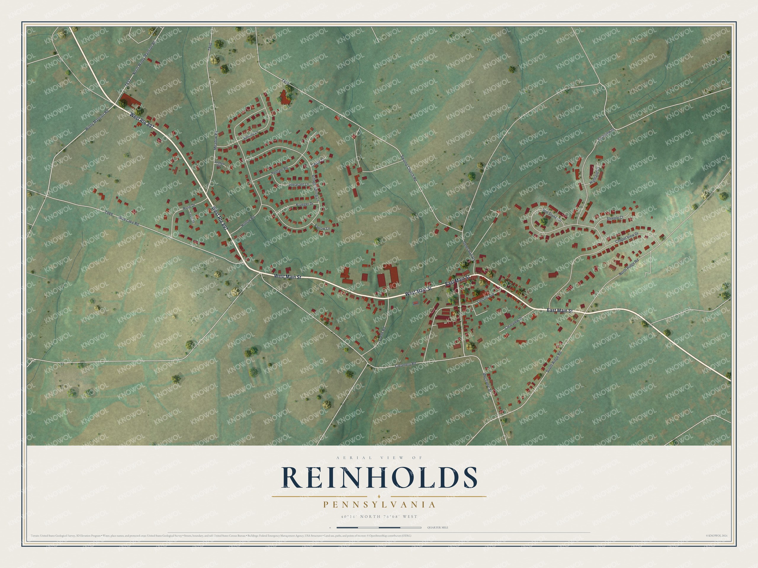 Full map of Reinholds, Pennsylvania, with red buildings, printed street names and the land around them
