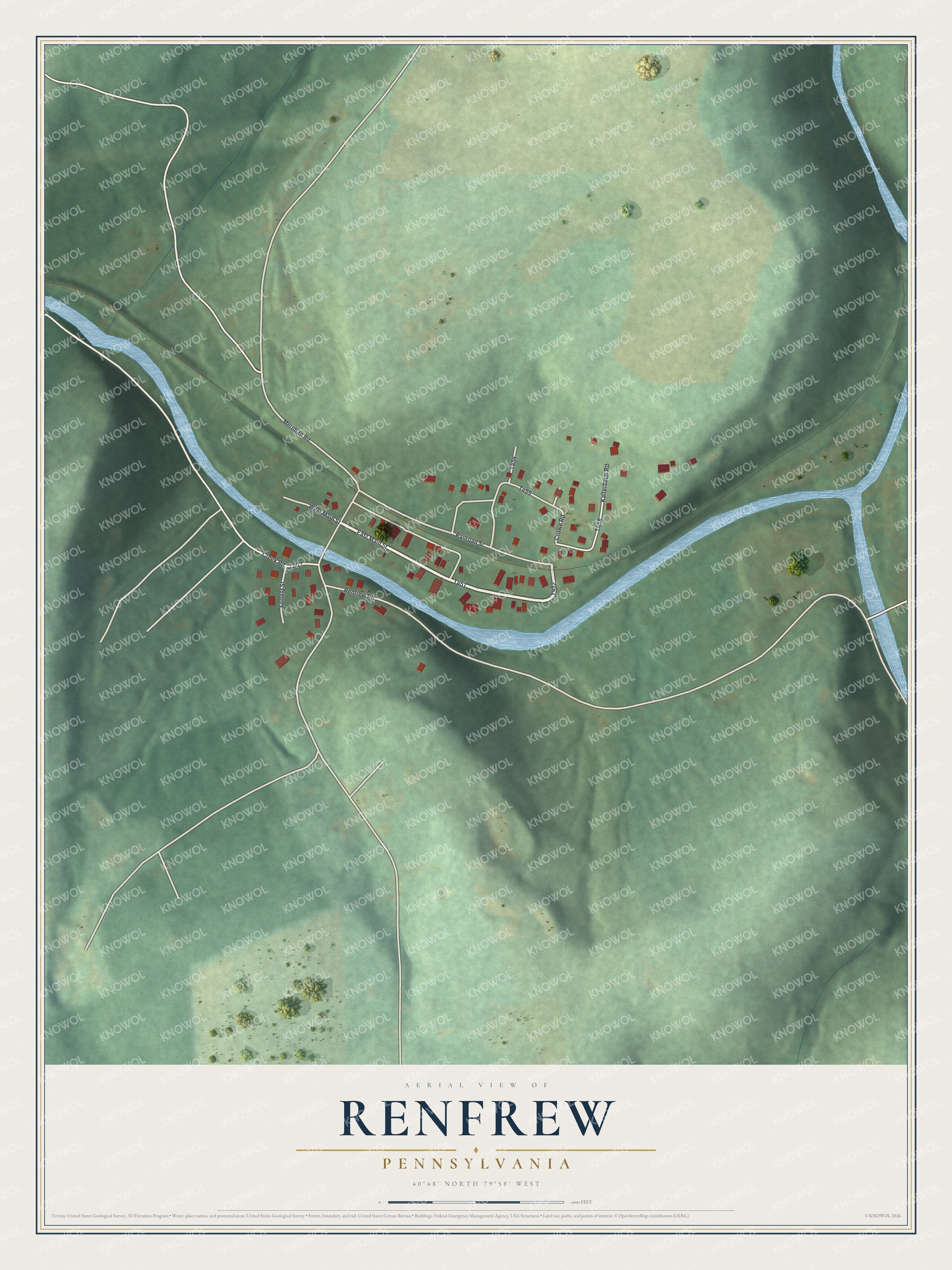 Full map of Renfrew, Pennsylvania, with red buildings, printed street names and the land around them