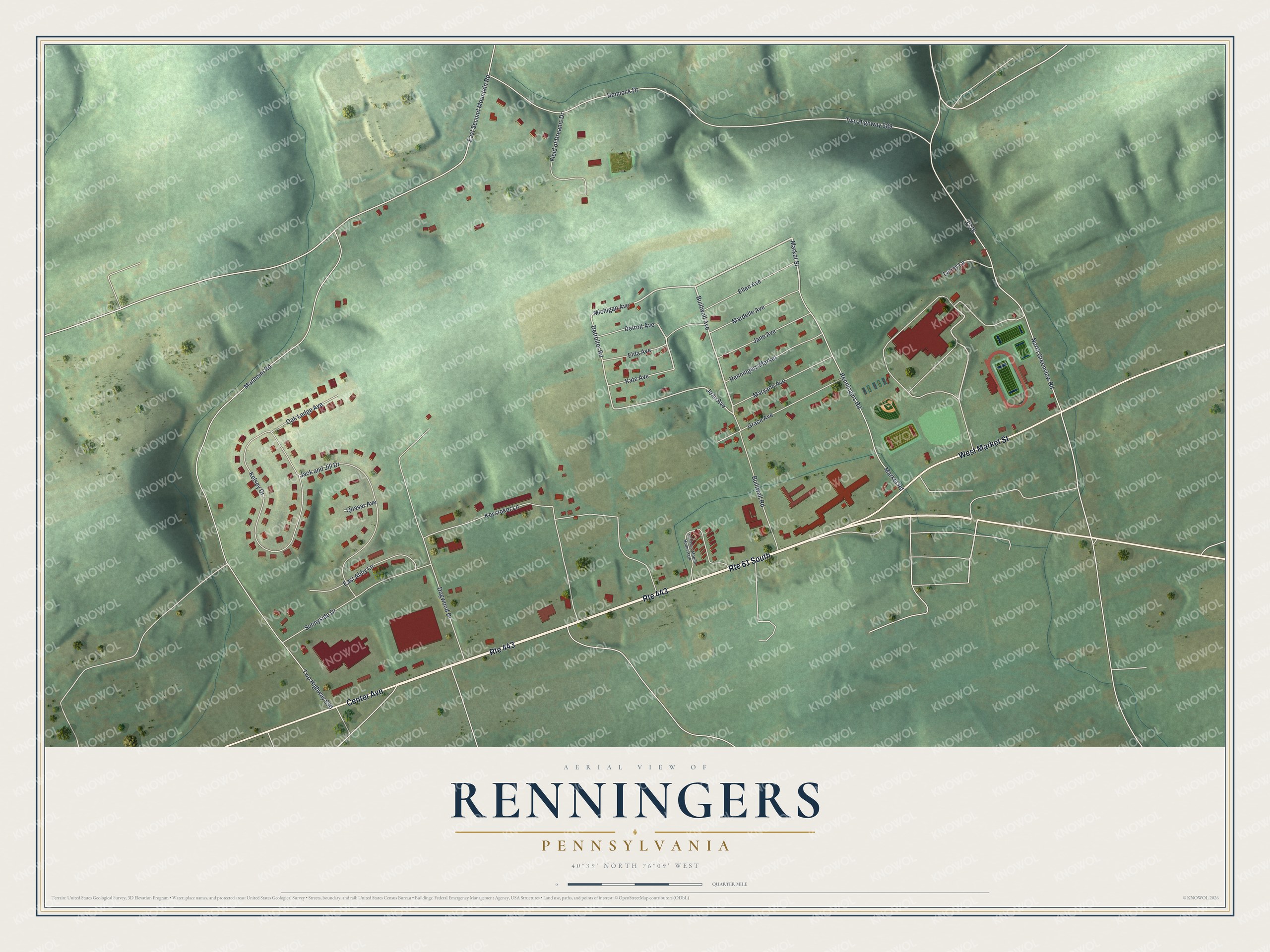 Full map of Renningers, Pennsylvania, with red buildings, printed street names and the land around them