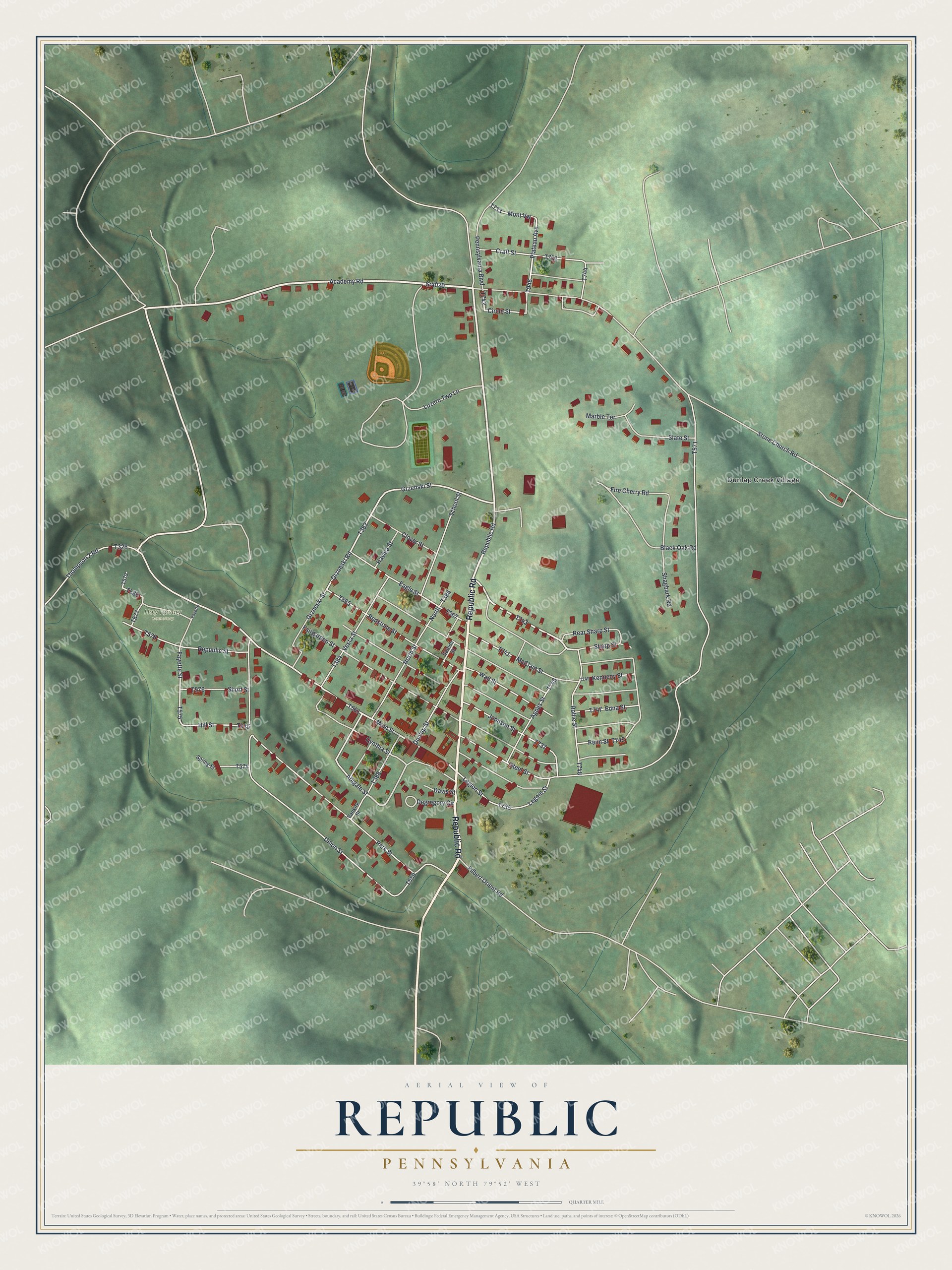 Full map of Republic, Pennsylvania, with red buildings, printed street names and the land around them