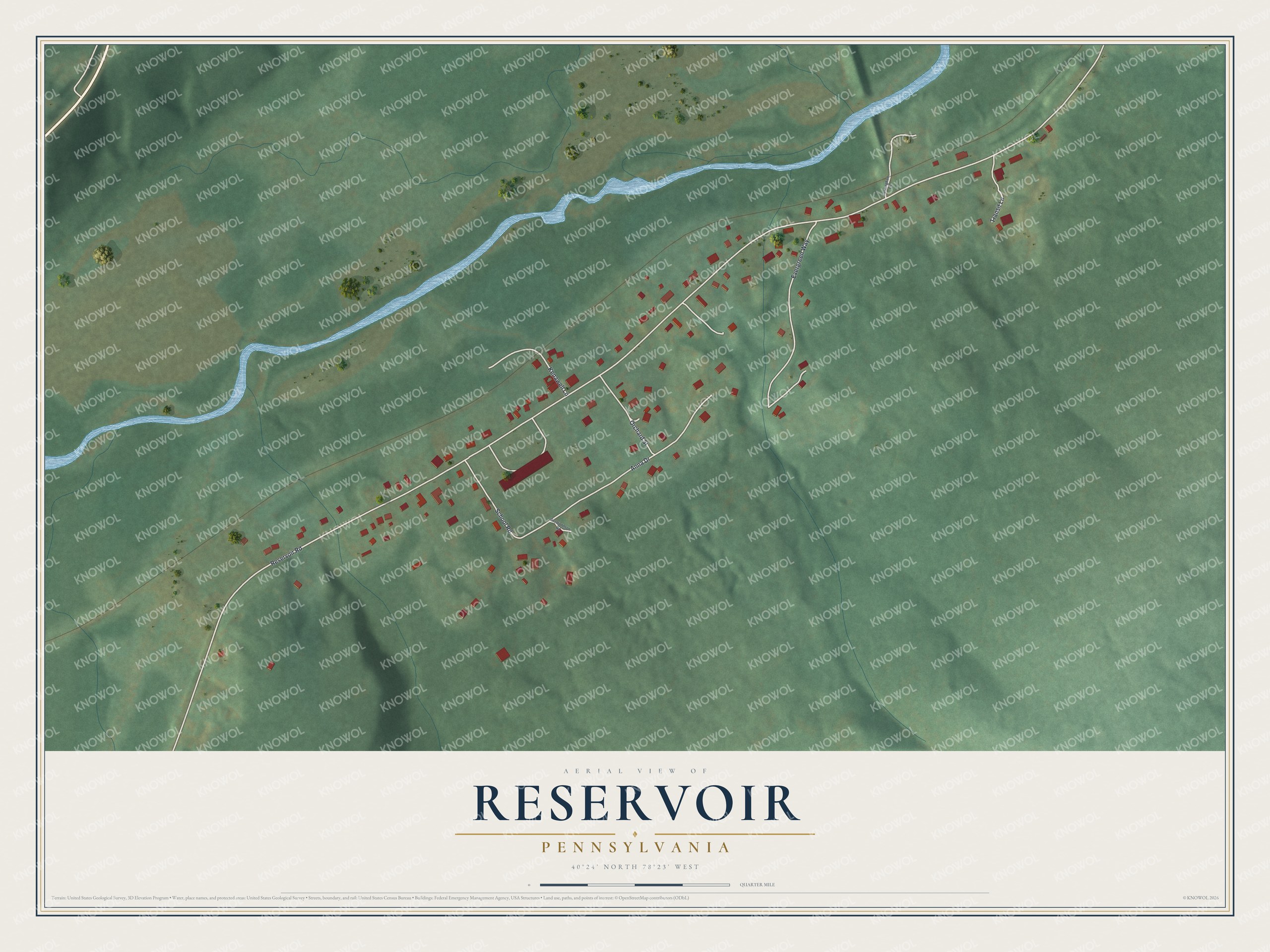 Full map of Reservoir, Pennsylvania, with red buildings, printed street names and the land around them
