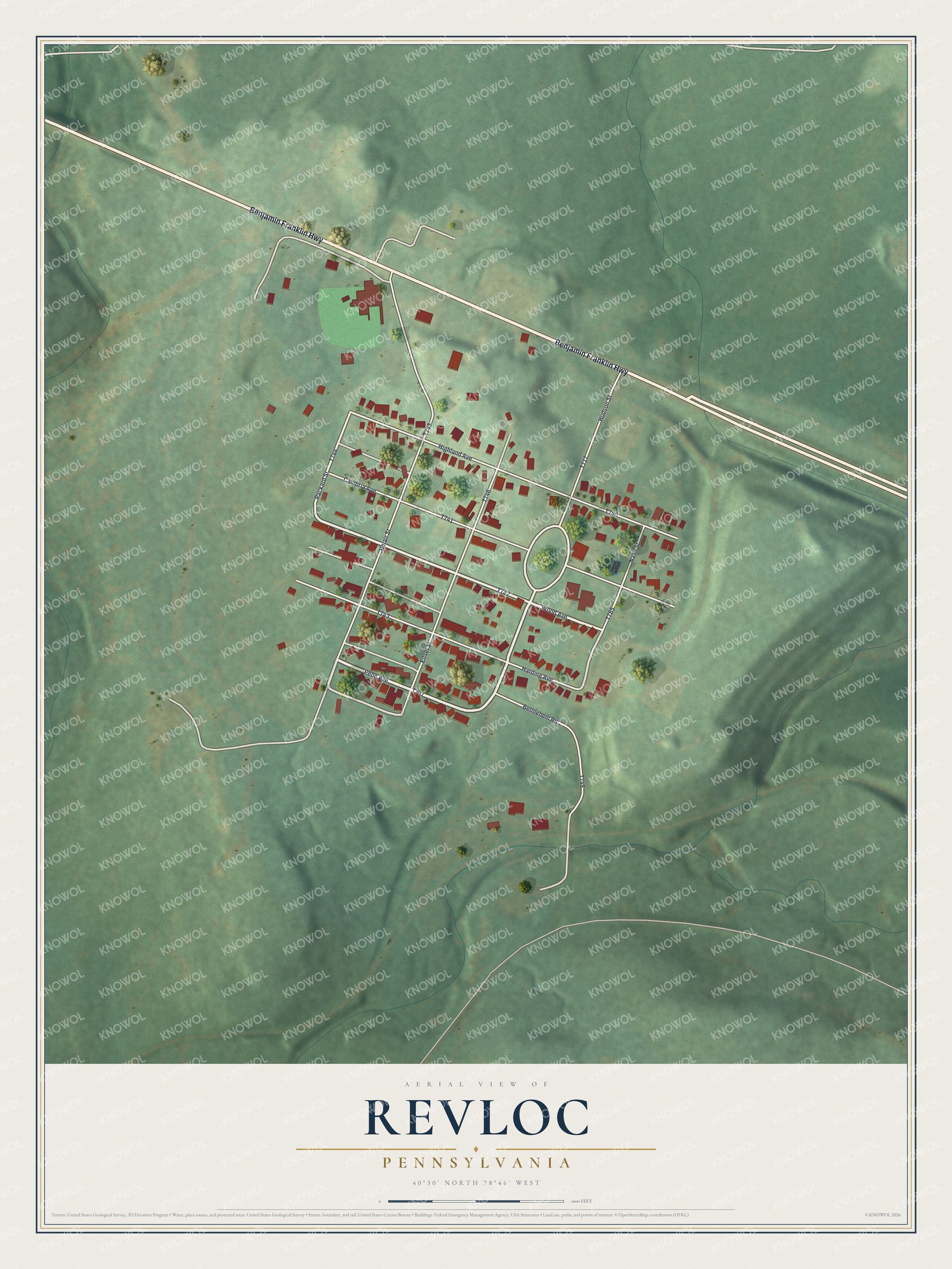 Full map of Revloc, Pennsylvania, with red buildings, printed street names and the land around them