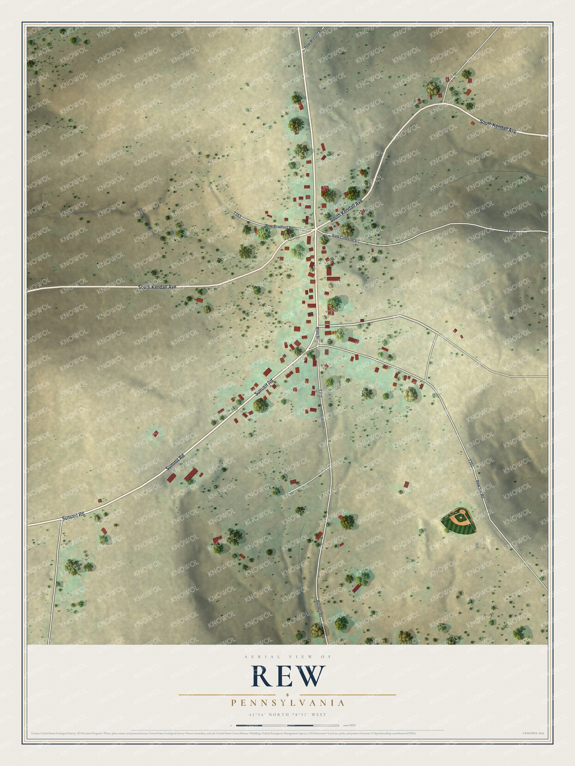 Full map of Rew, Pennsylvania, with red buildings, printed street names and the land around them