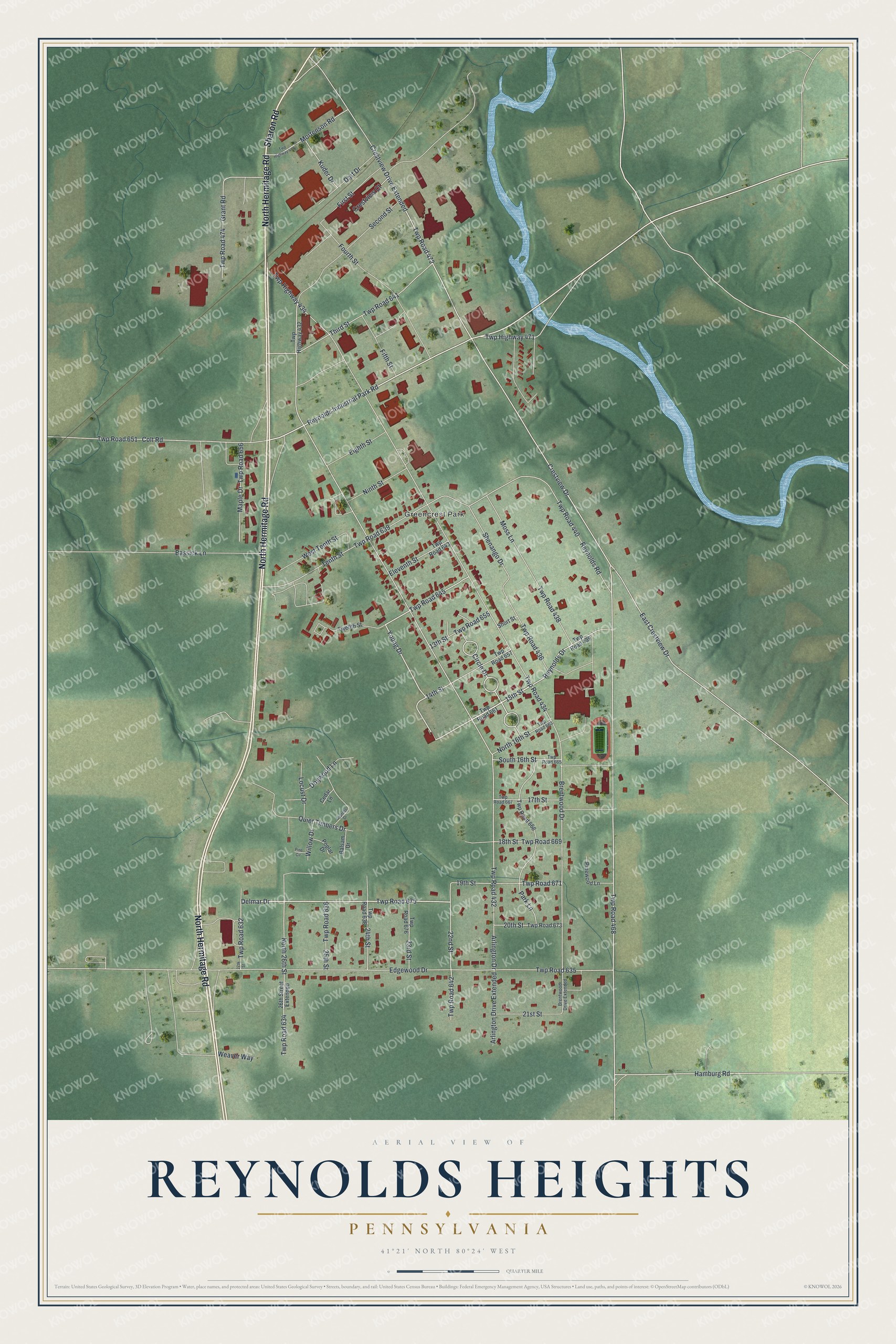 Full map of Reynolds Heights, Pennsylvania, with red buildings, printed street names and the land around them