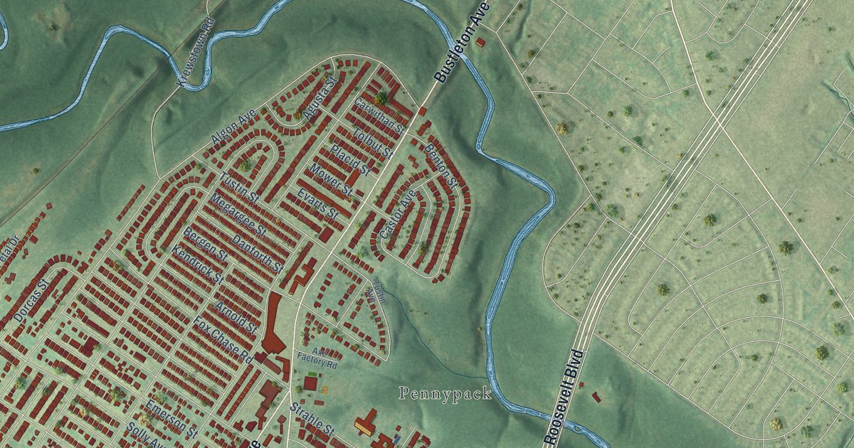 Close-up of streets and buildings in Rhawnhurst, Pennsylvania