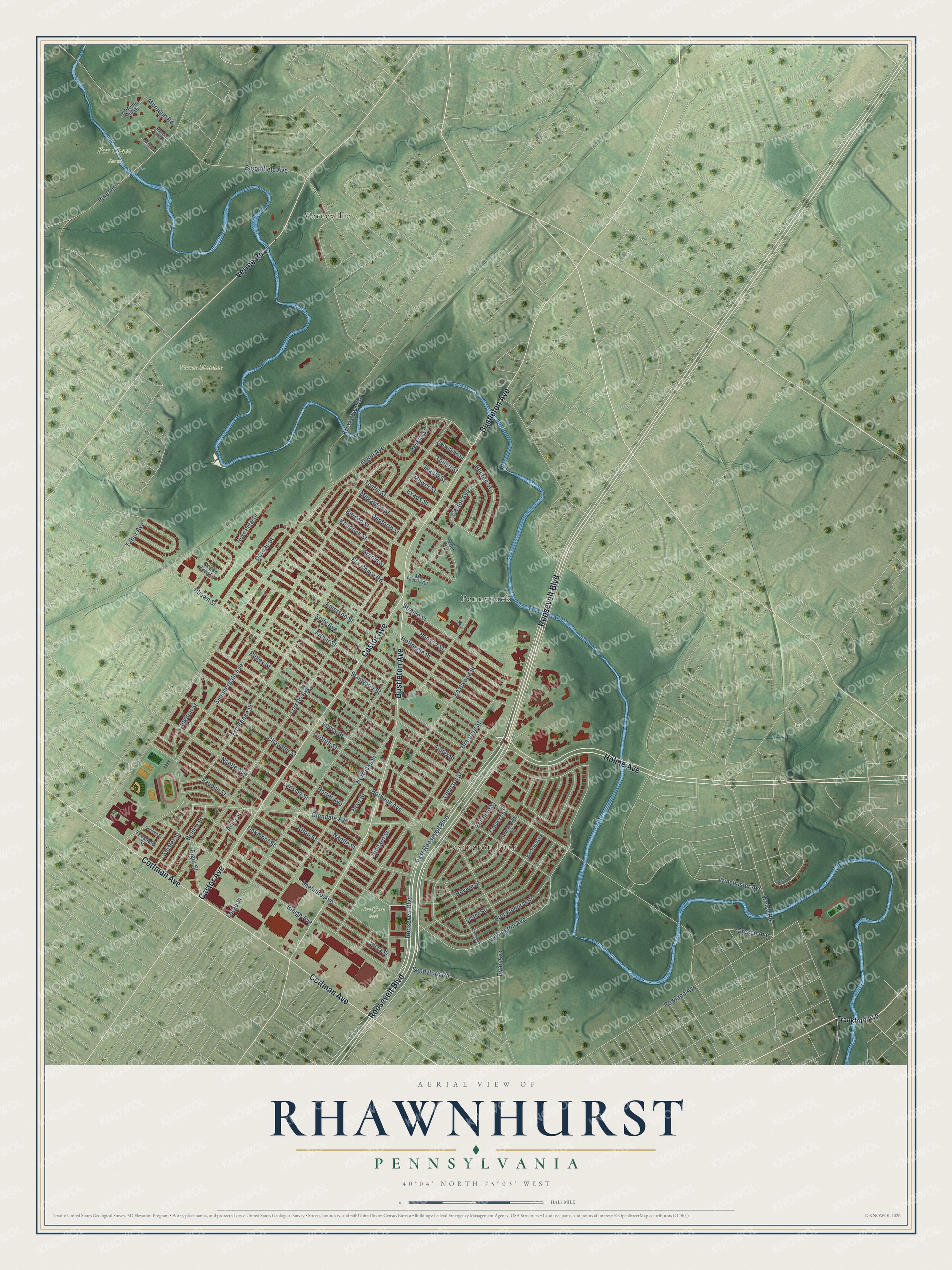 Full map of Rhawnhurst, Pennsylvania, with red buildings, printed street names and the land around them