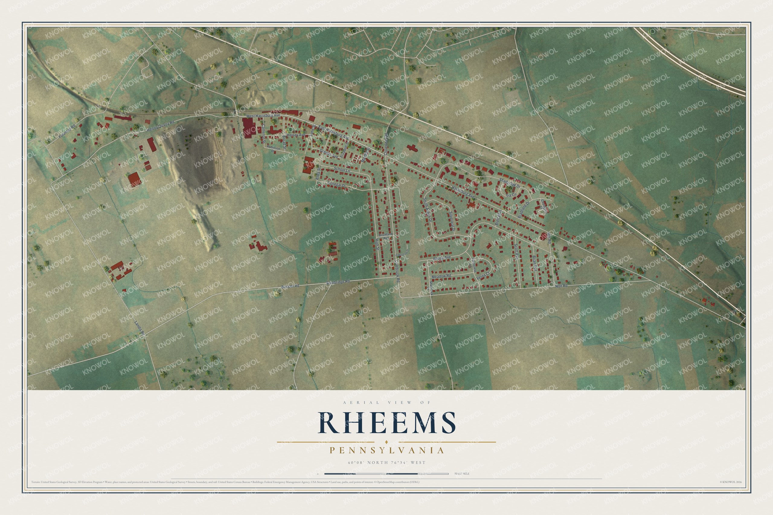 Full map of Rheems, Pennsylvania, with red buildings, printed street names and the land around them