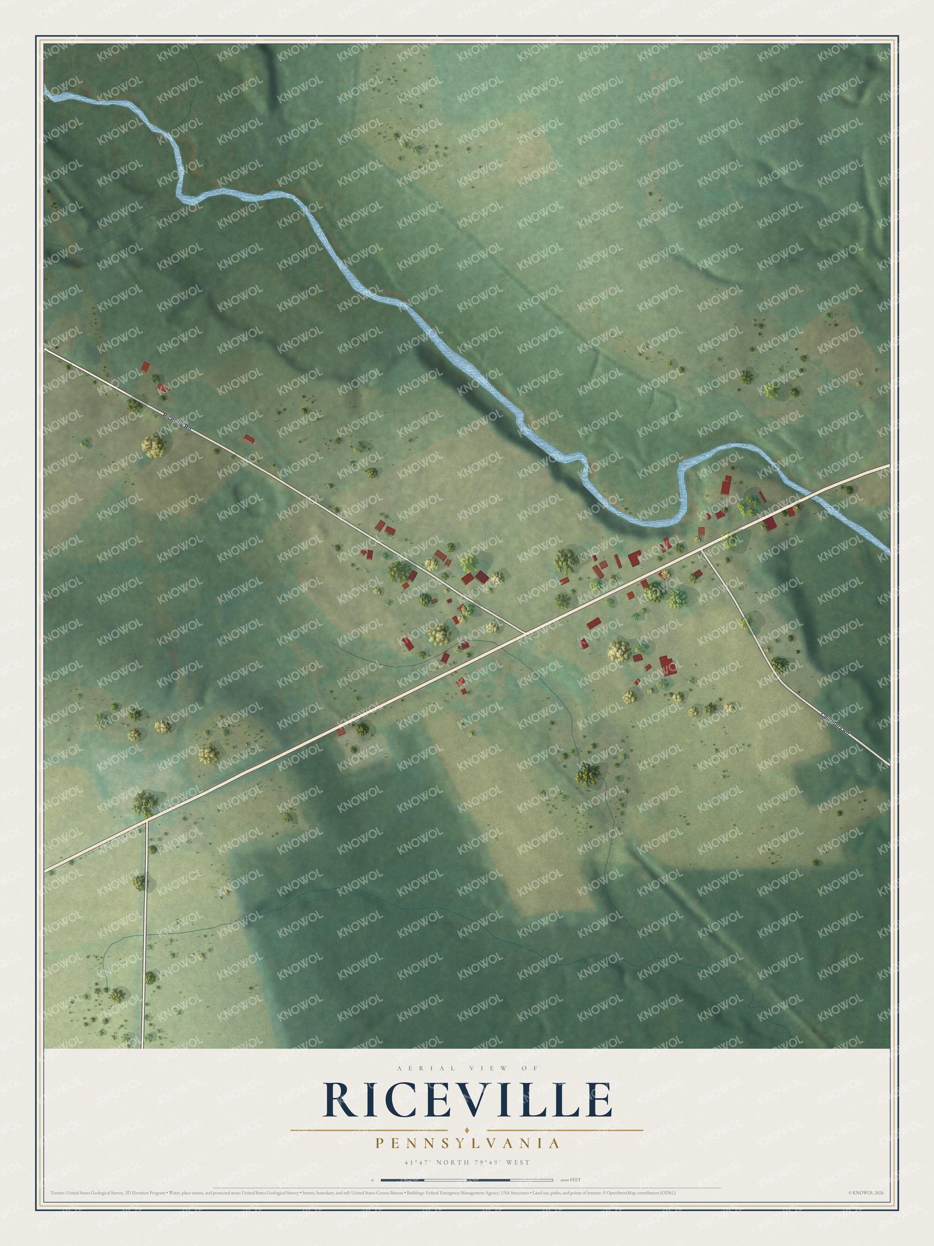 Full map of Riceville, Pennsylvania, with red buildings, printed street names and the land around them