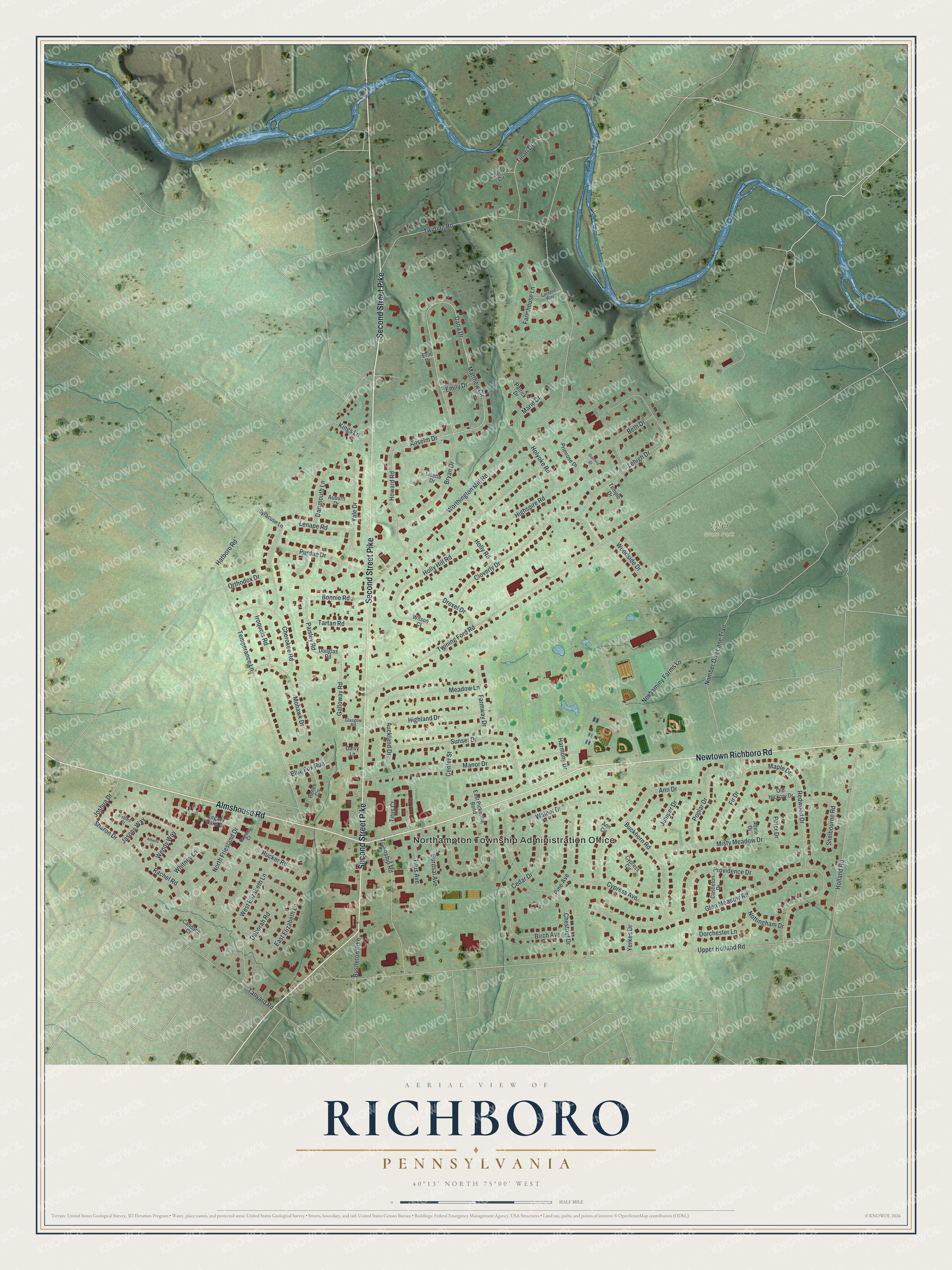 Full map of Richboro, Pennsylvania, with red buildings, printed street names and the land around them