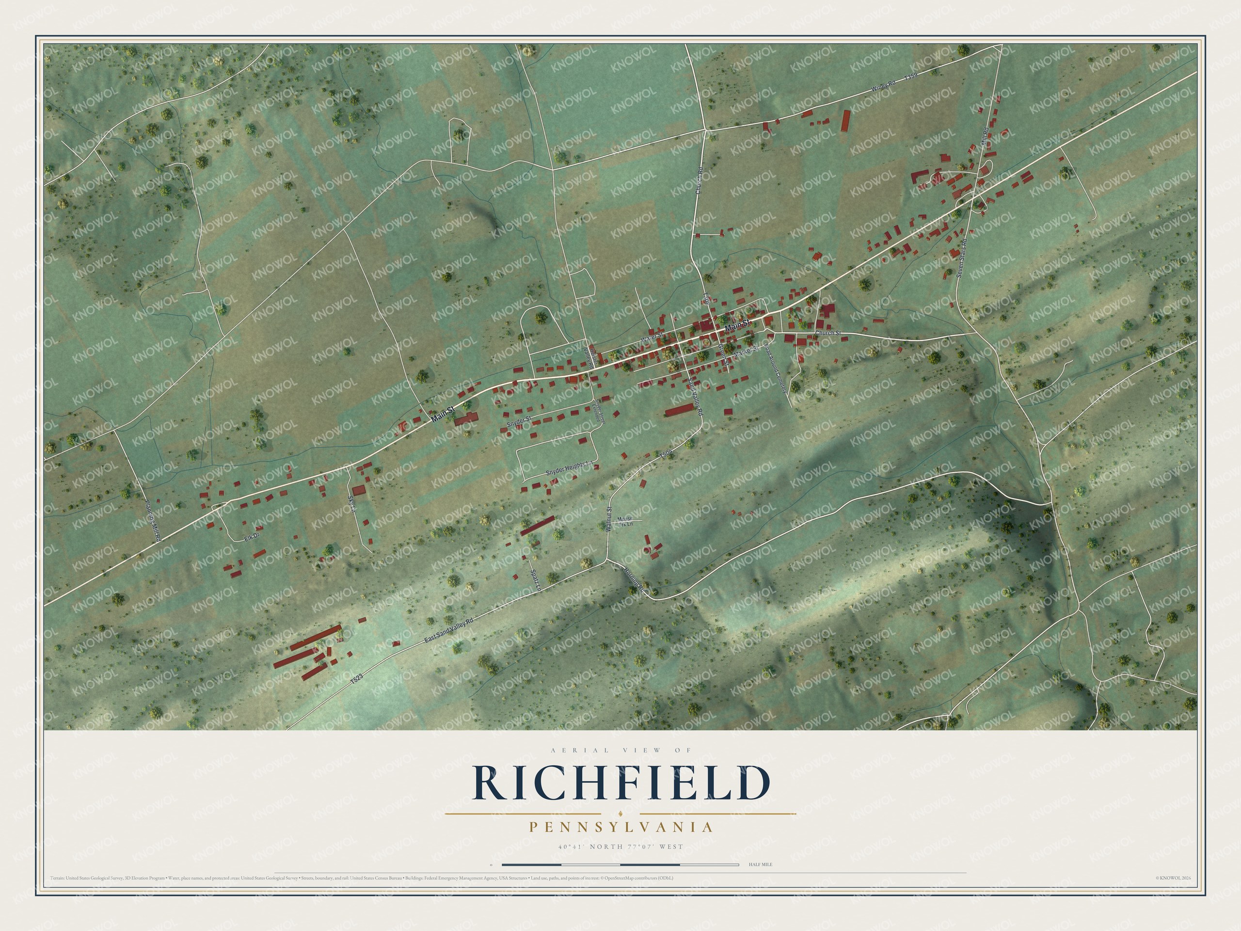 Full map of Richfield, Pennsylvania, with red buildings, printed street names and the land around them