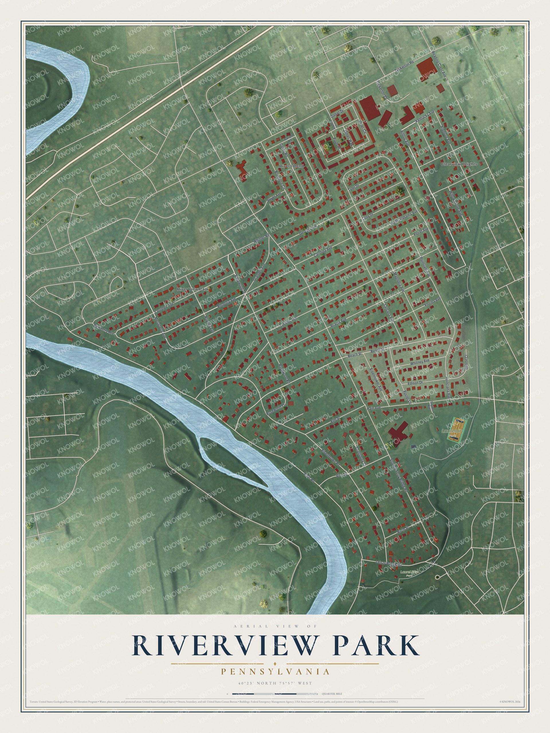 Full map of Riverview Park, Pennsylvania, with red buildings, printed street names and the land around them