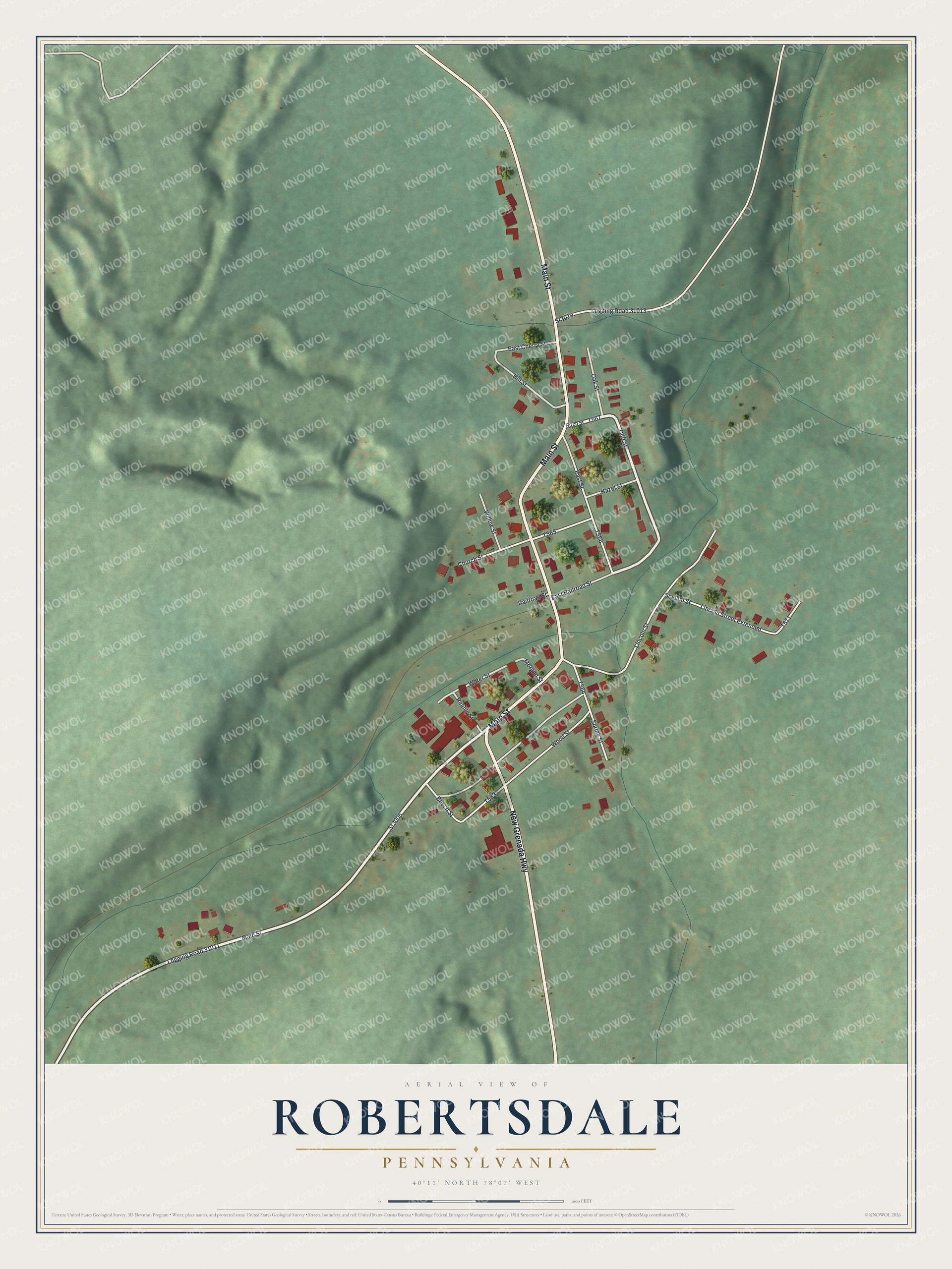 Full map of Robertsdale, Pennsylvania, with red buildings, printed street names and the land around them