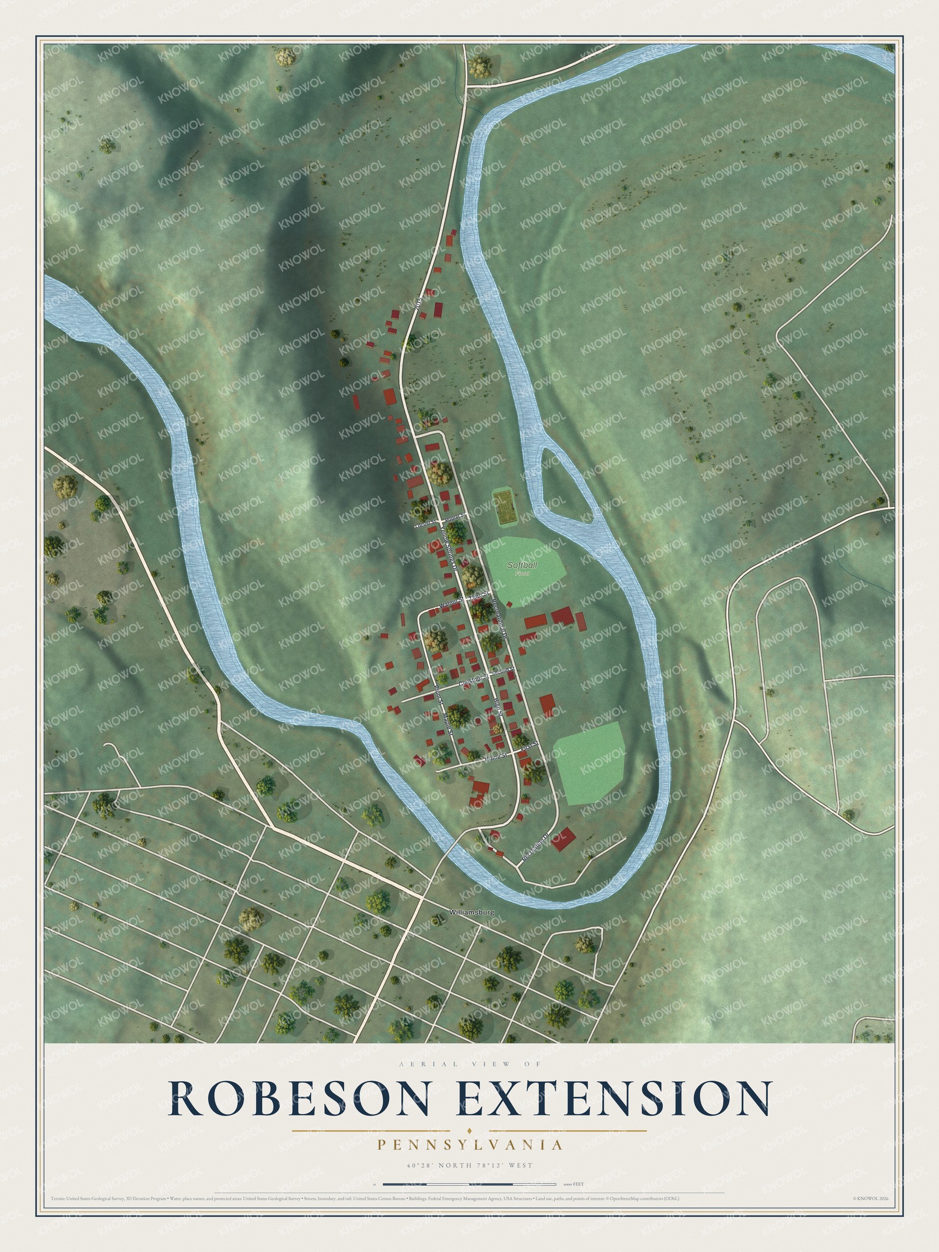 Full map of Robeson Extension, Pennsylvania, with red buildings, printed street names and the land around them
