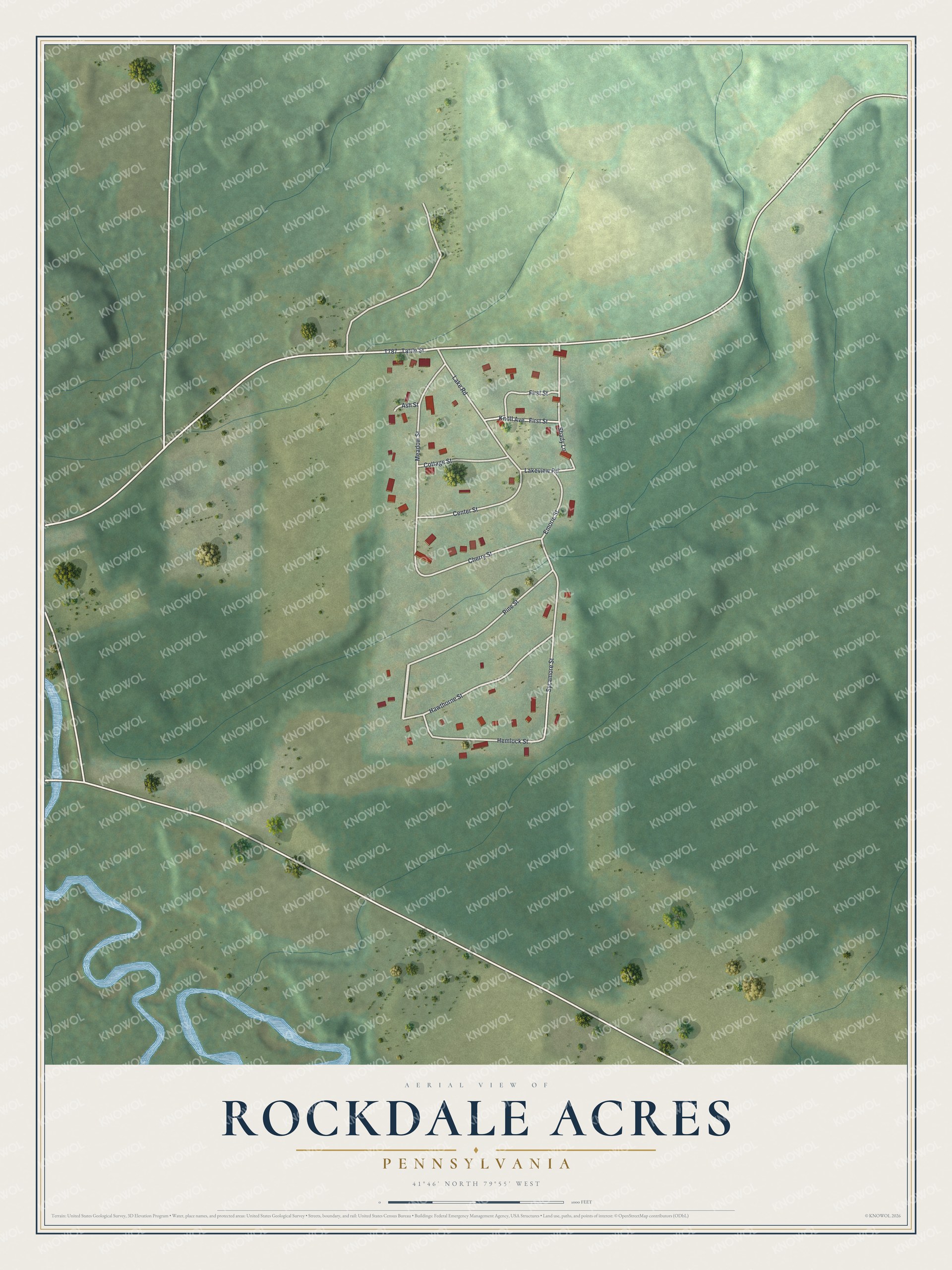 Full map of Rockdale Acres, Pennsylvania, with red buildings, printed street names and the land around them