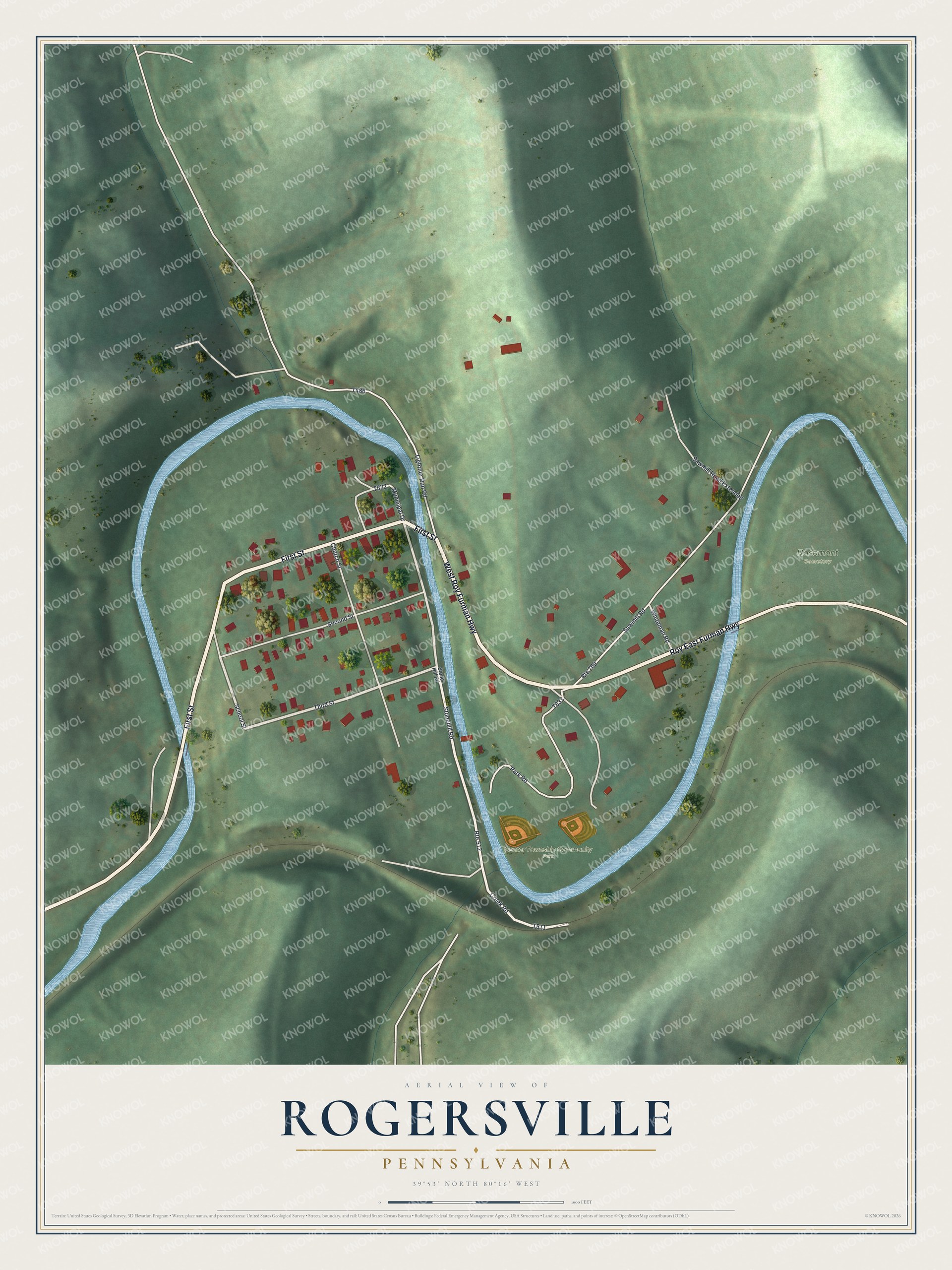 Full map of Rogersville, Pennsylvania, with red buildings, printed street names and the land around them