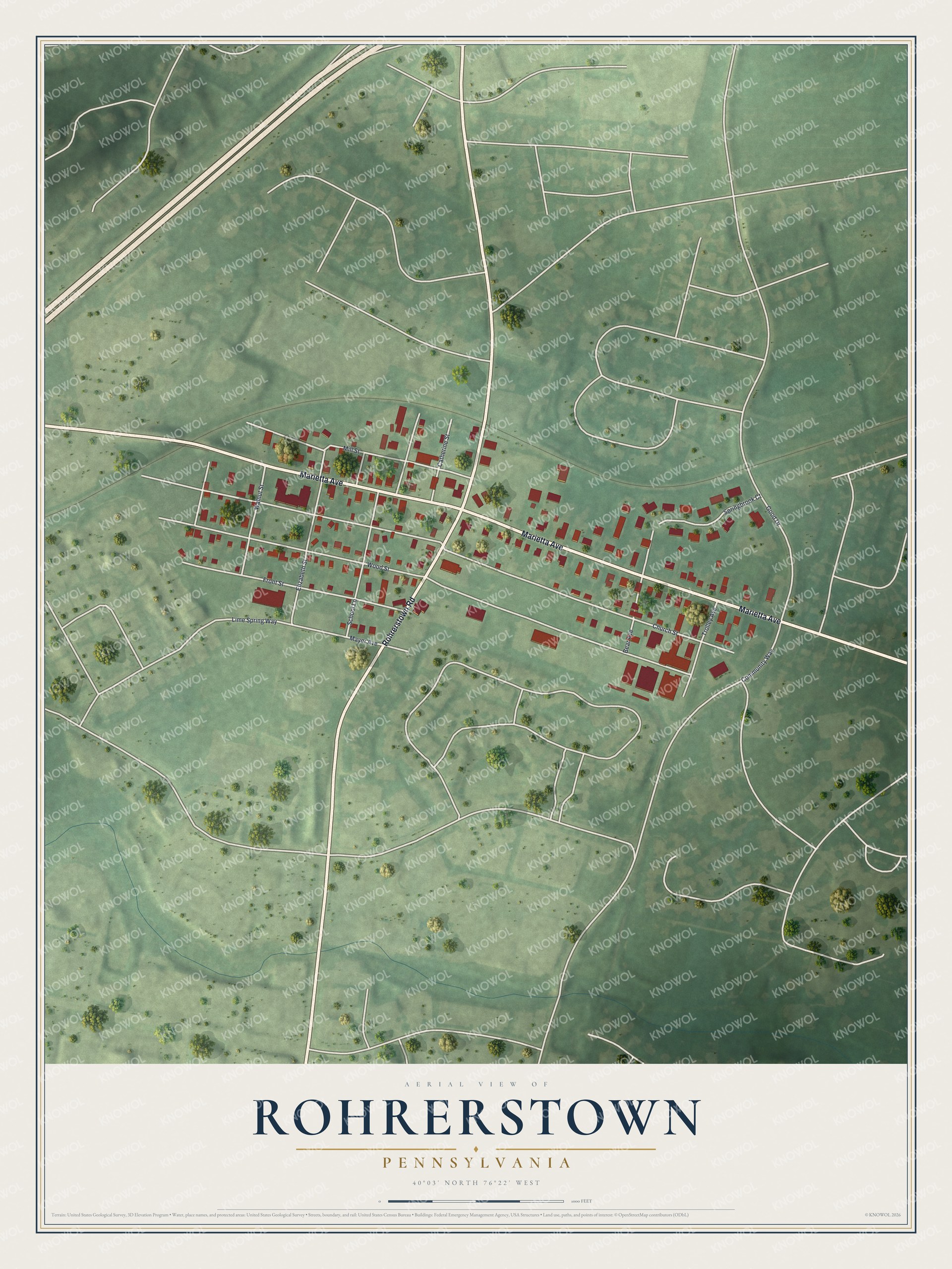 Full map of Rohrerstown, Pennsylvania, with red buildings, printed street names and the land around them