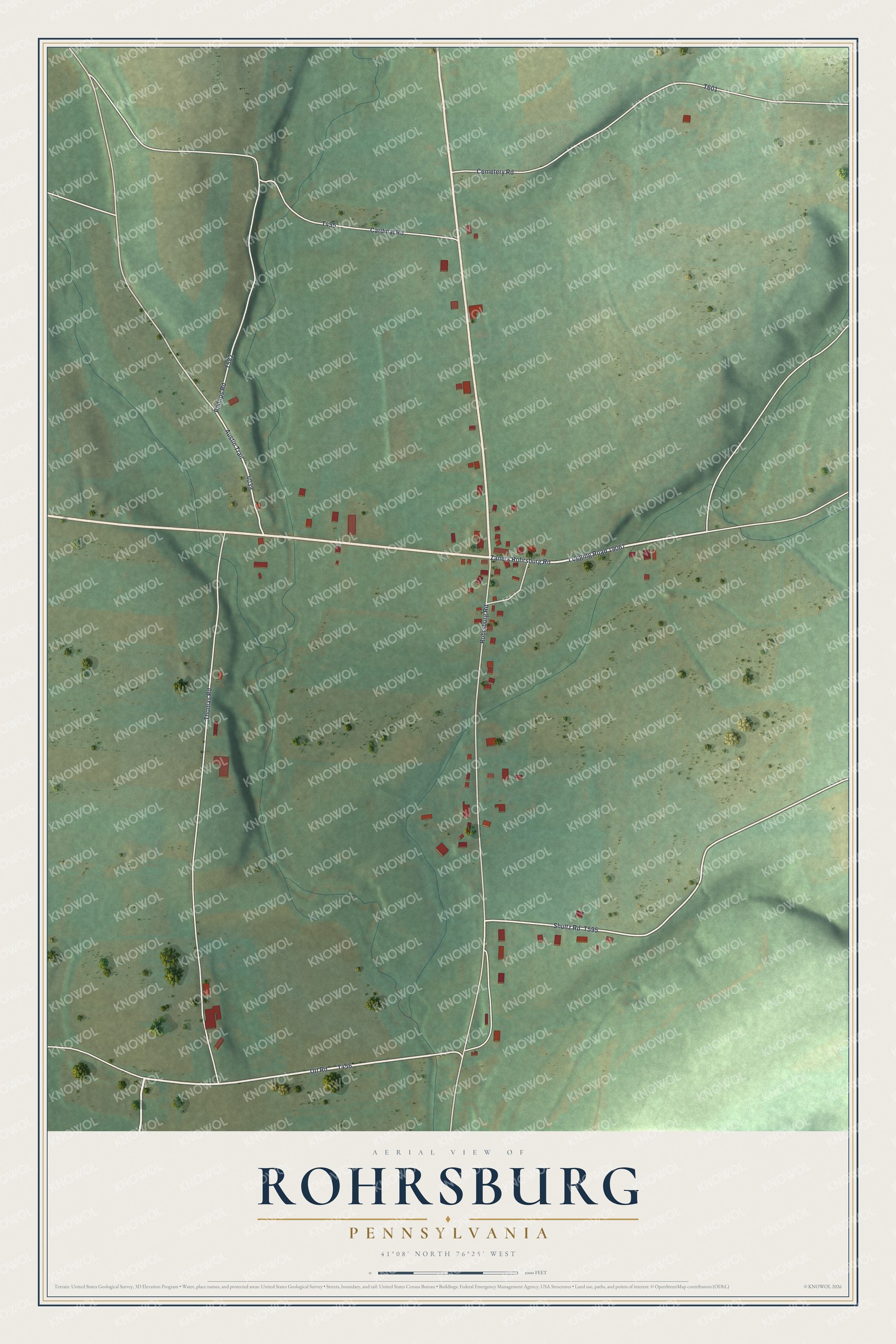 Full map of Rohrsburg, Pennsylvania, with red buildings, printed street names and the land around them