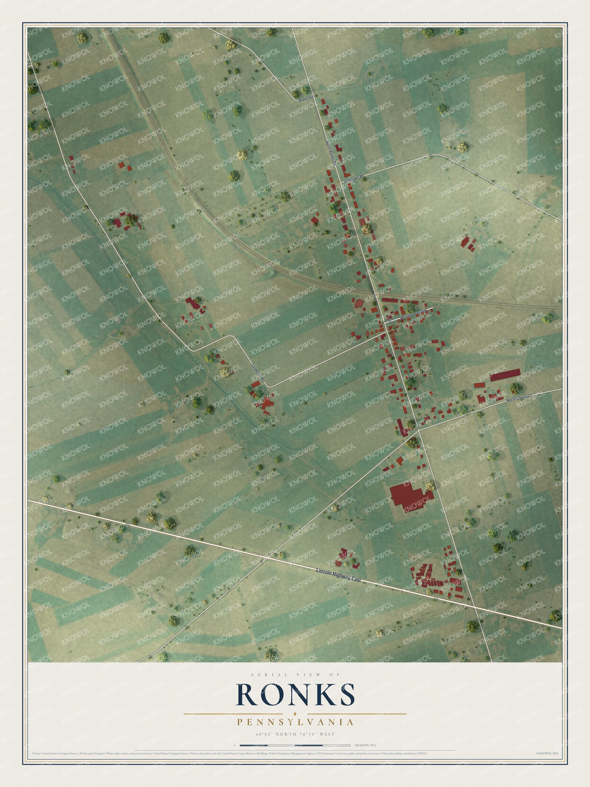 Full map of Ronks, Pennsylvania, with red buildings, printed street names and the land around them
