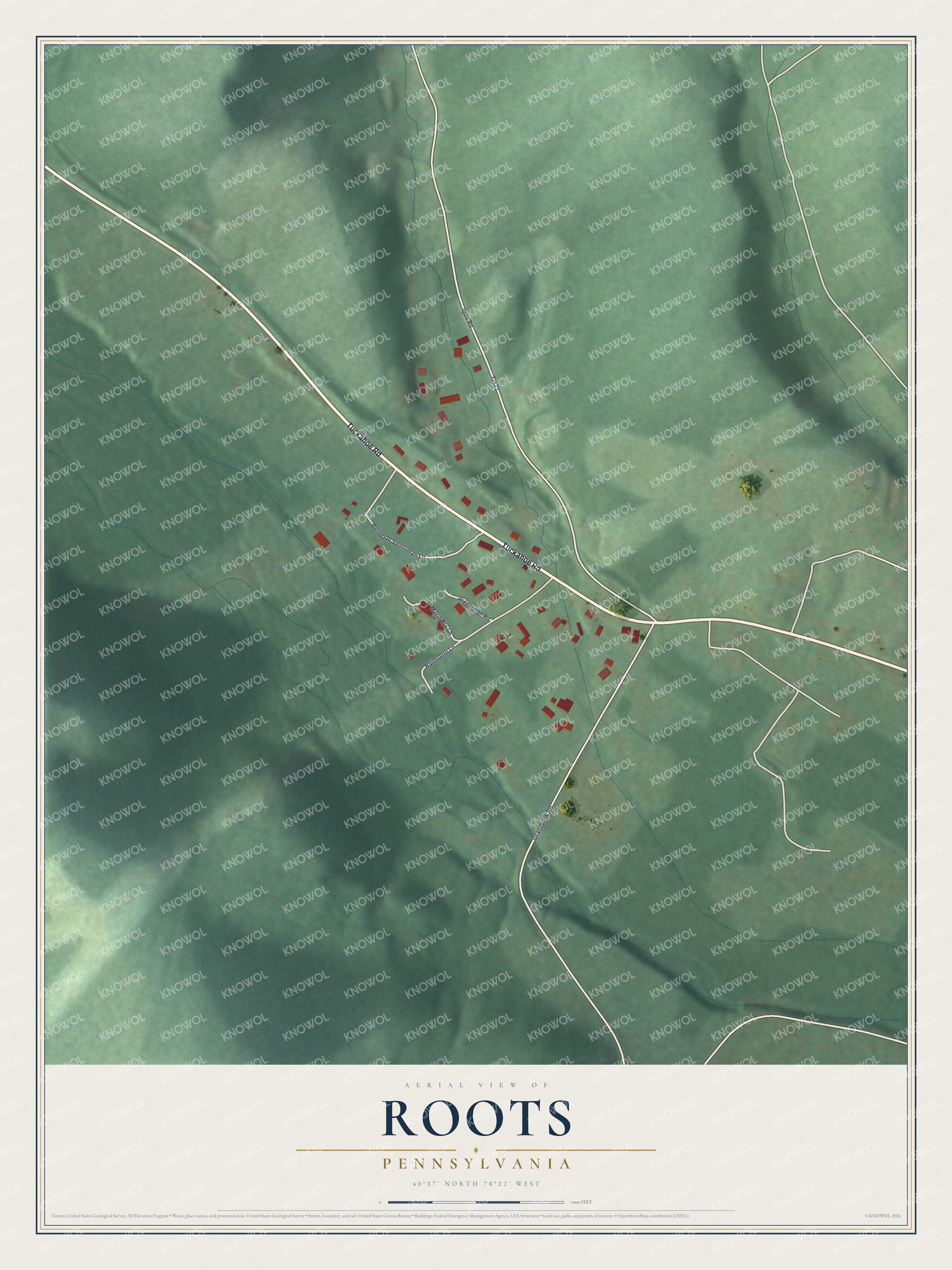 Full map of Roots, Pennsylvania, with red buildings, printed street names and the land around them