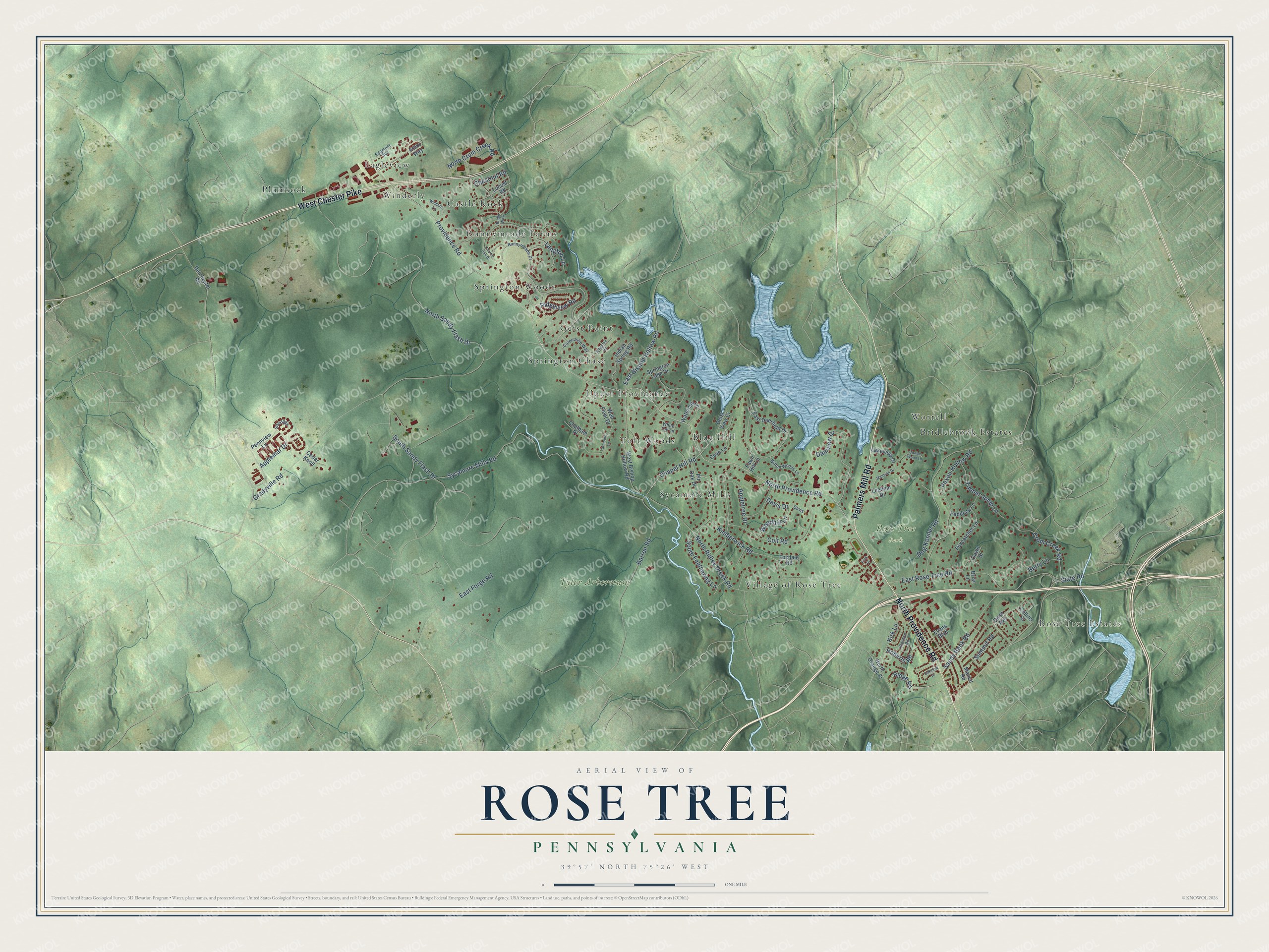 Full map of Rose Tree, Pennsylvania, with red buildings, printed street names and the land around them